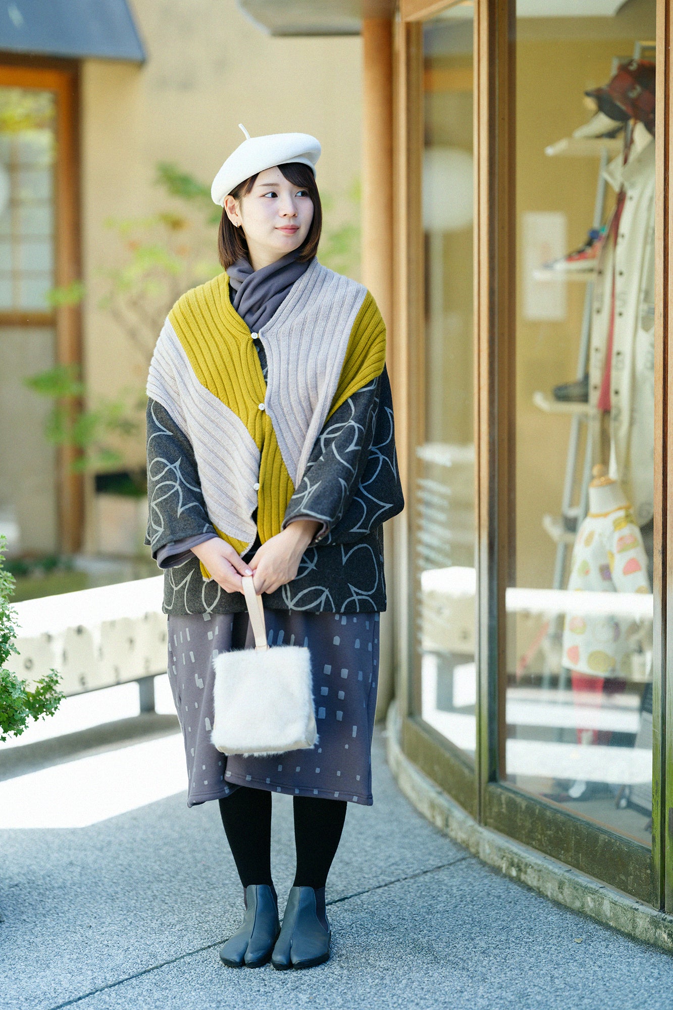 裏仿毛 針織 高領圓弧袖長方形洋裝/窗 藤煤竹色