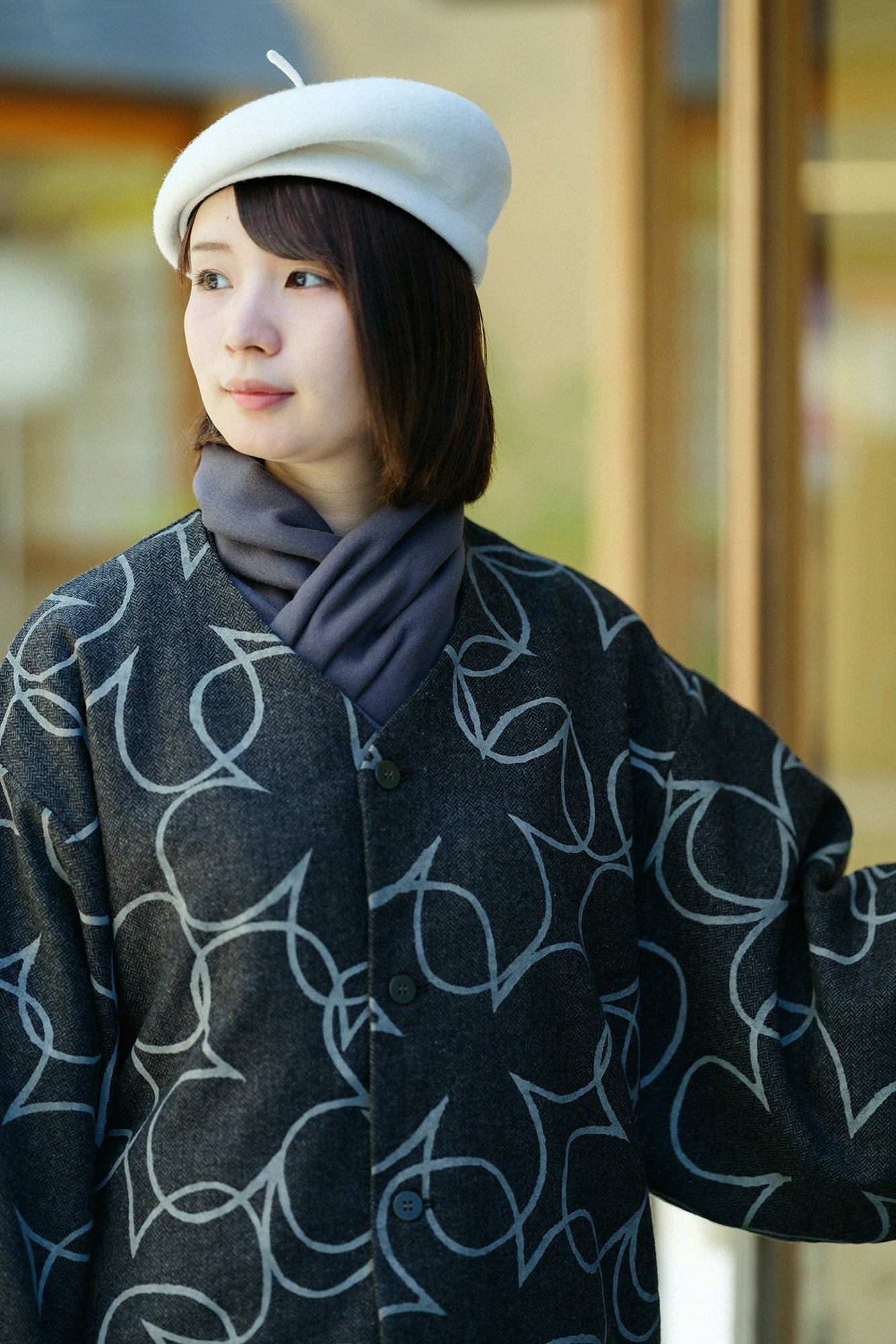 Combed Yarn Lattice Weave Naginata Sleeve Haori Long with Lining / Happiness Brown