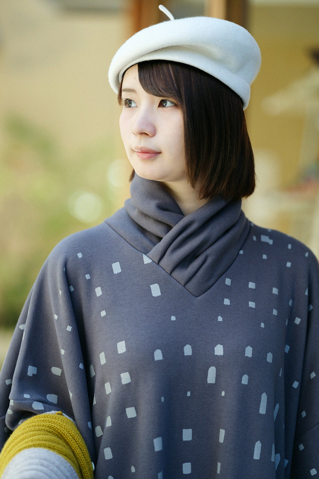 裏仿毛 針織 高領圓弧袖長方形洋裝/窗 藤煤竹色