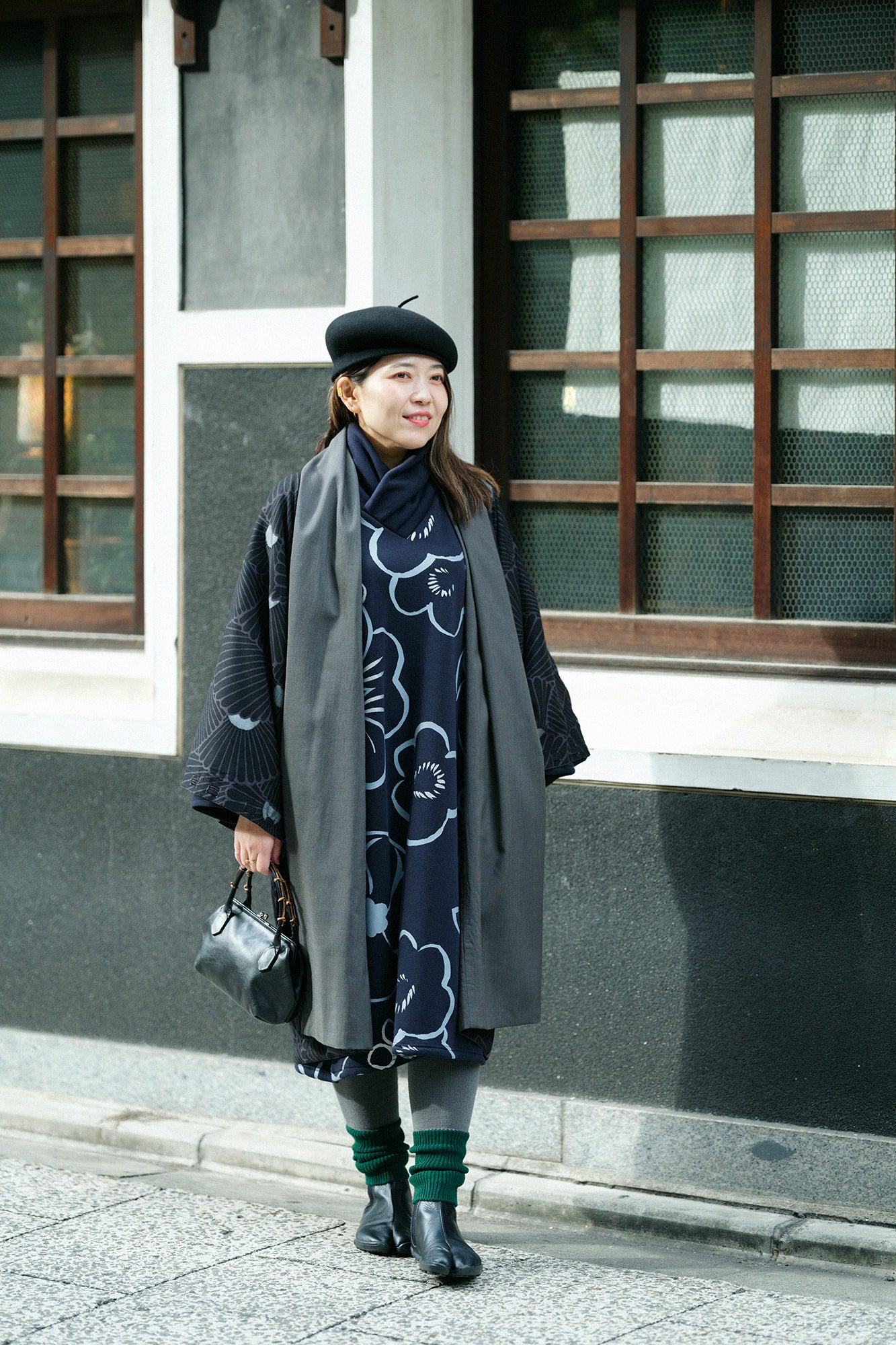 裏仿毛 針織 高領圓弧袖長方形洋裝/桃山 略 黑藍色