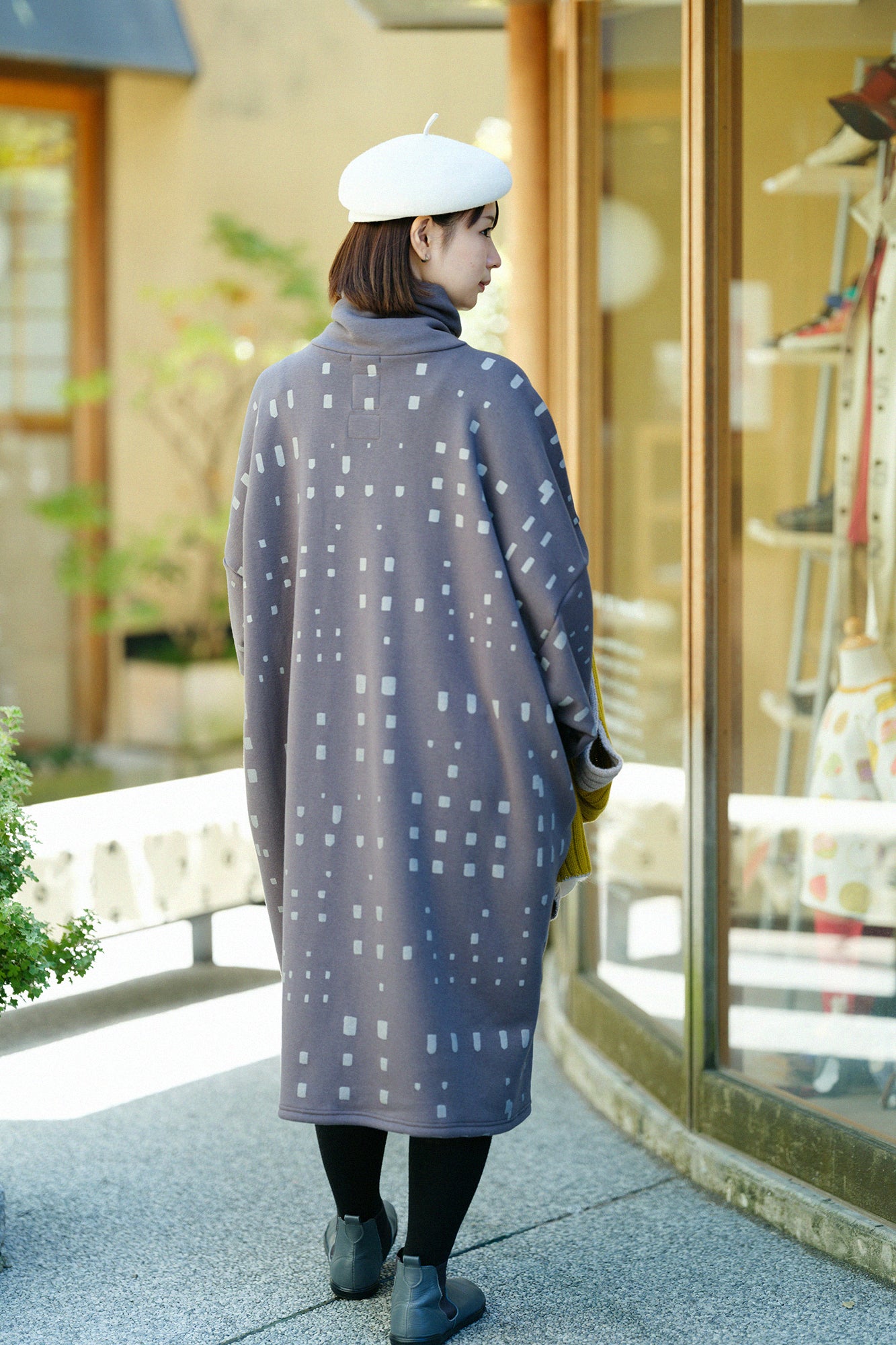 裏仿毛 針織 高領圓弧袖長方形洋裝/窗 藤煤竹色