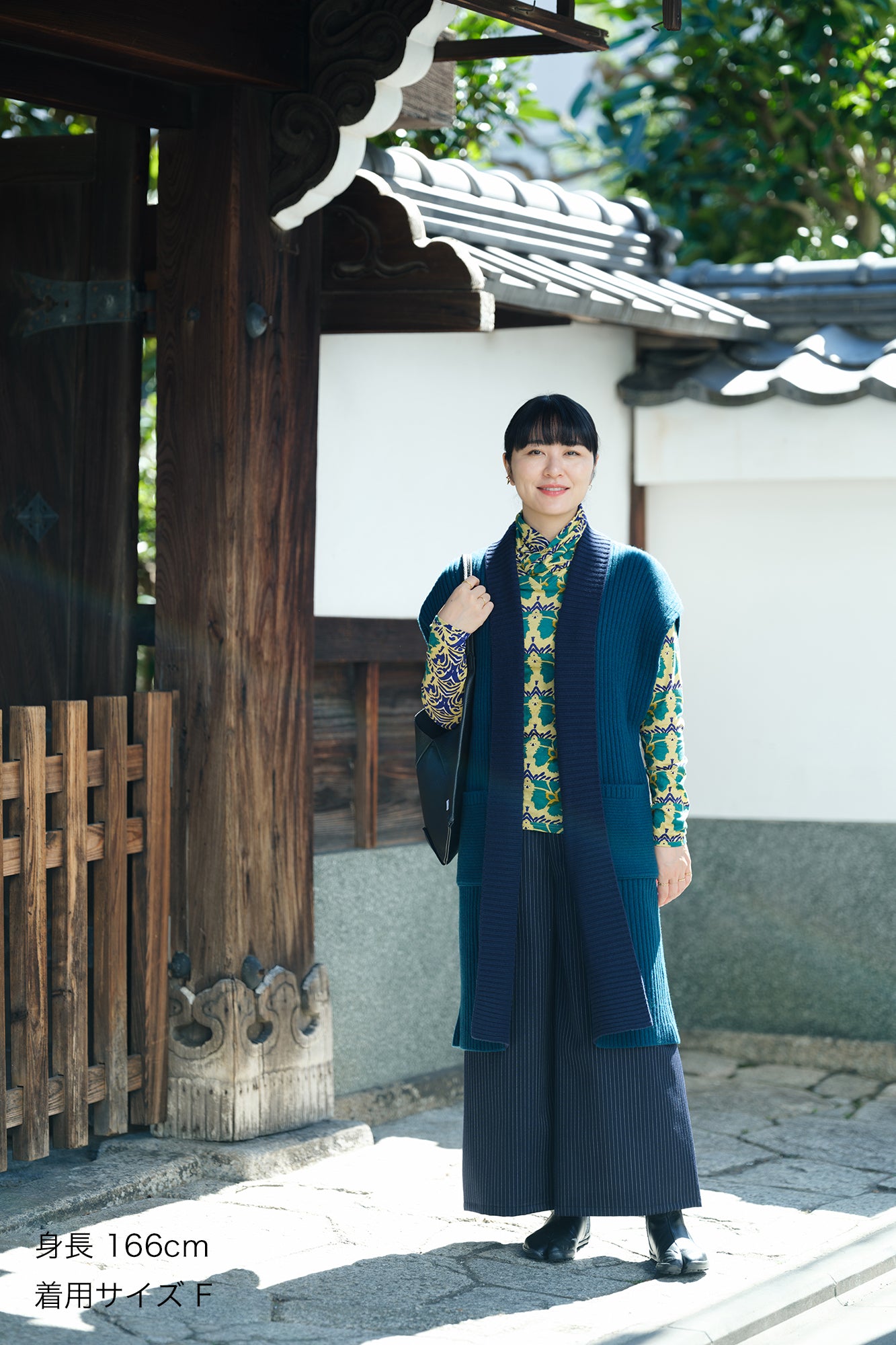 SOU・SOU×ALPHA羊絨混紡背子背心 畝長版/海綠色 ×暗藍色