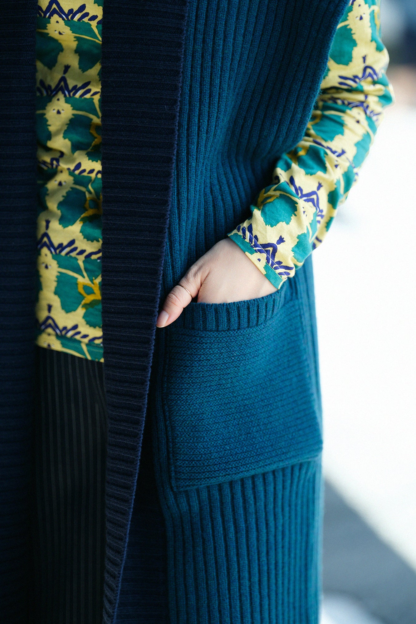 SOU・SOU×ALPHA羊絨混紡背子背心 畝長版/海綠色 ×暗藍色