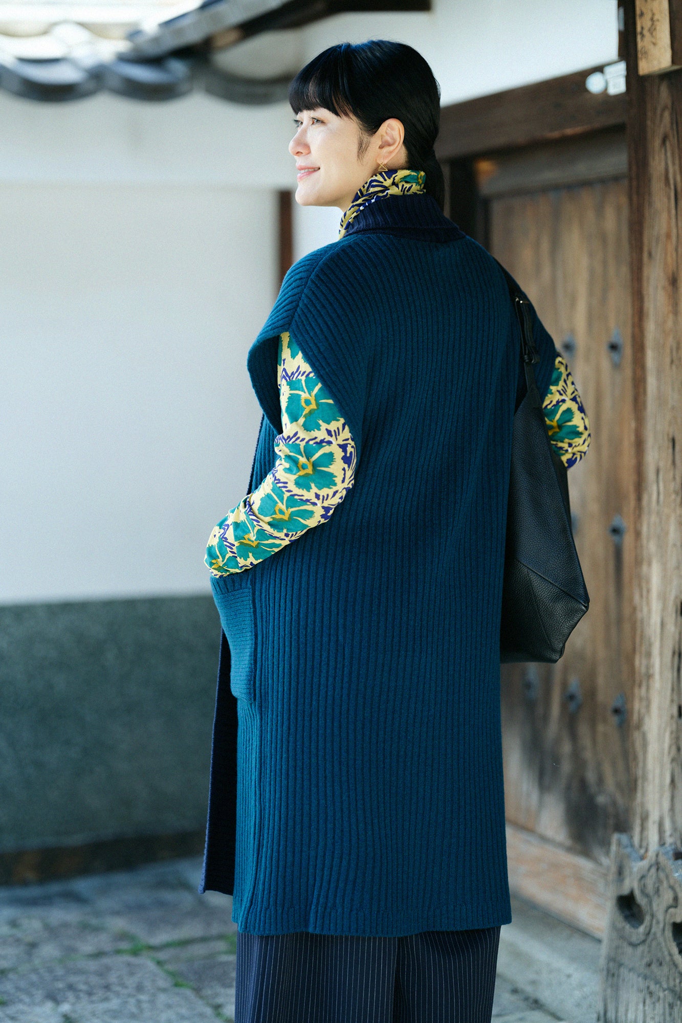 SOU・SOU×ALPHA羊絨混紡背子背心 畝長版/海綠色 ×暗藍色