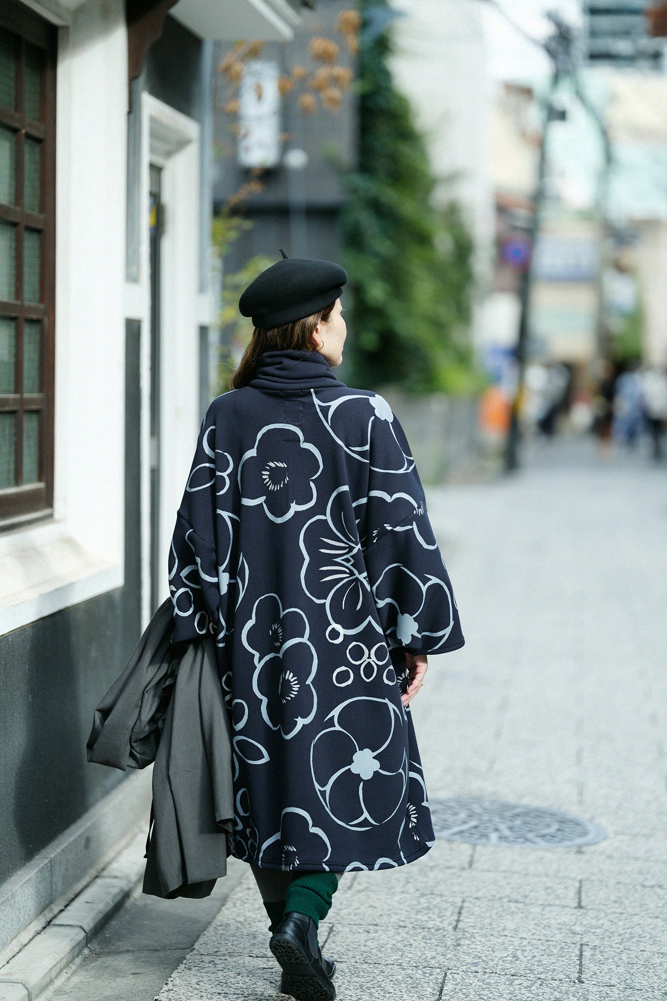 裏仿毛 針織 高領圓弧袖長方形洋裝/桃山 略 黑藍色
