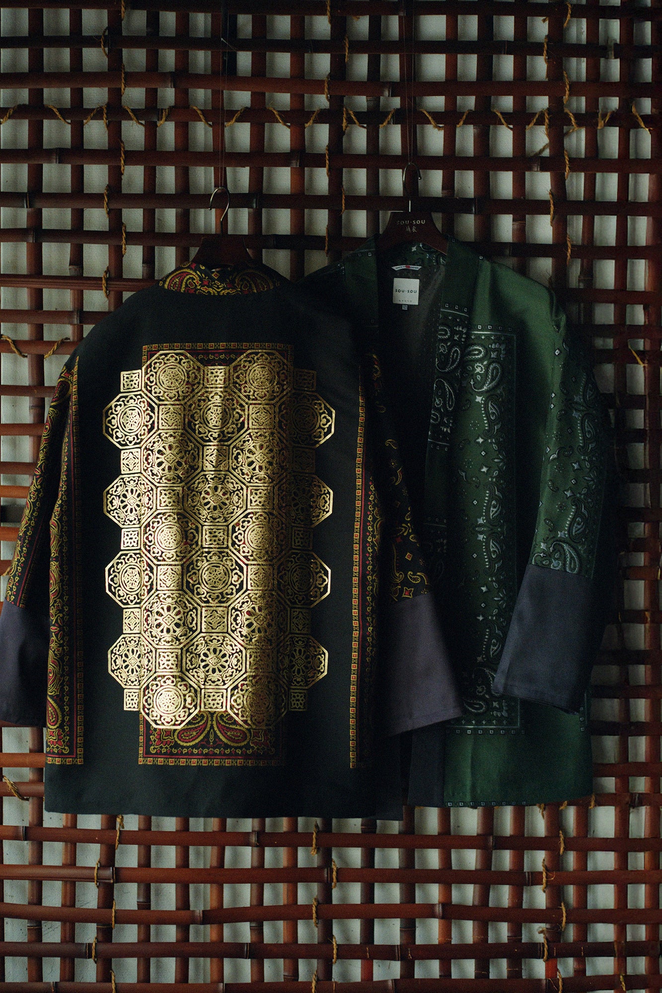 Kiryu Jacquard Bi-color Sleeve Tight Sleeve Hanten Jacket with Lining / Black×Gorgeous