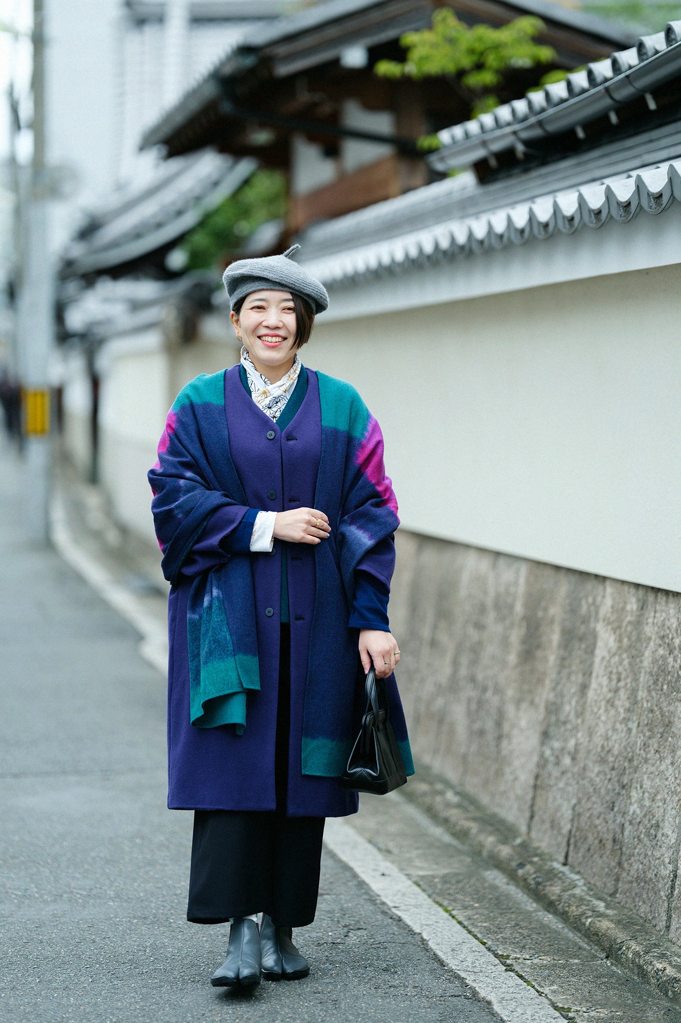 Wool Melton Naginata Sleeve Haori Long with Lining / Dark Blue×Tenmoku
