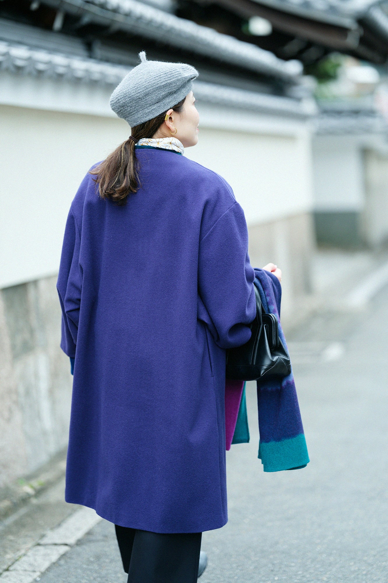 Wool Melton Naginata Sleeve Haori Long with Lining / Dark Blue×Tenmoku