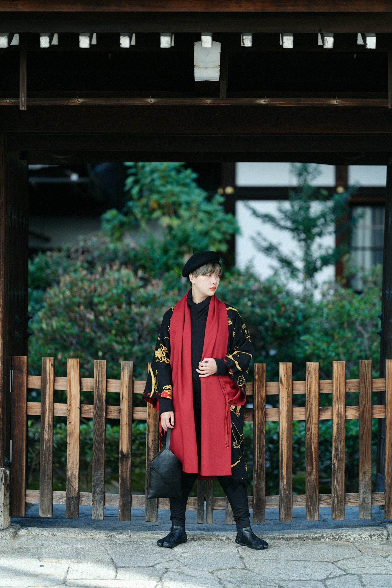 Muslin Wool Rectangular Sleeve Coat Reversible / Dark Red×Helmet