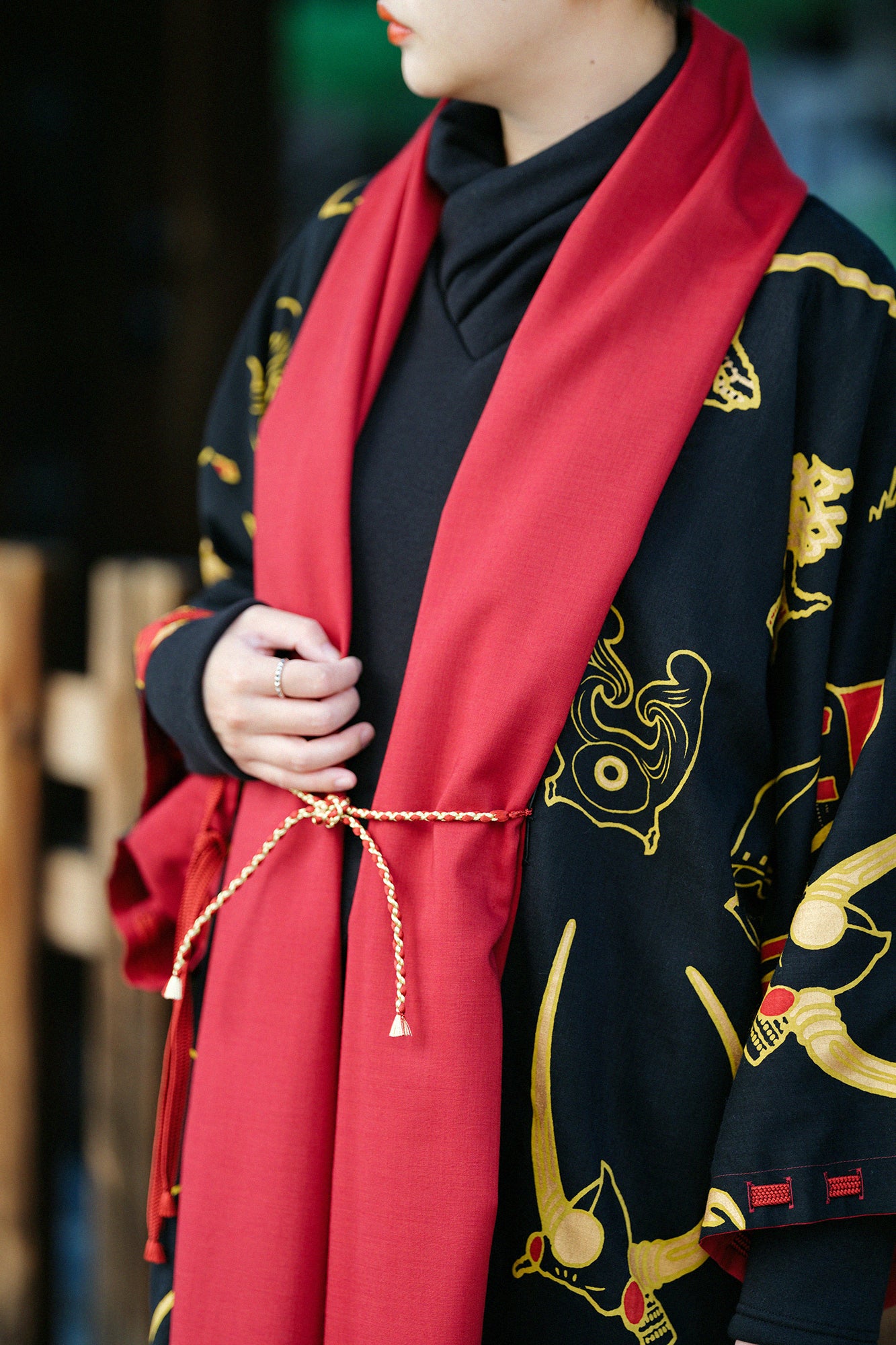 Muslin Wool Rectangular Sleeve Coat Reversible / Dark Red×Helmet