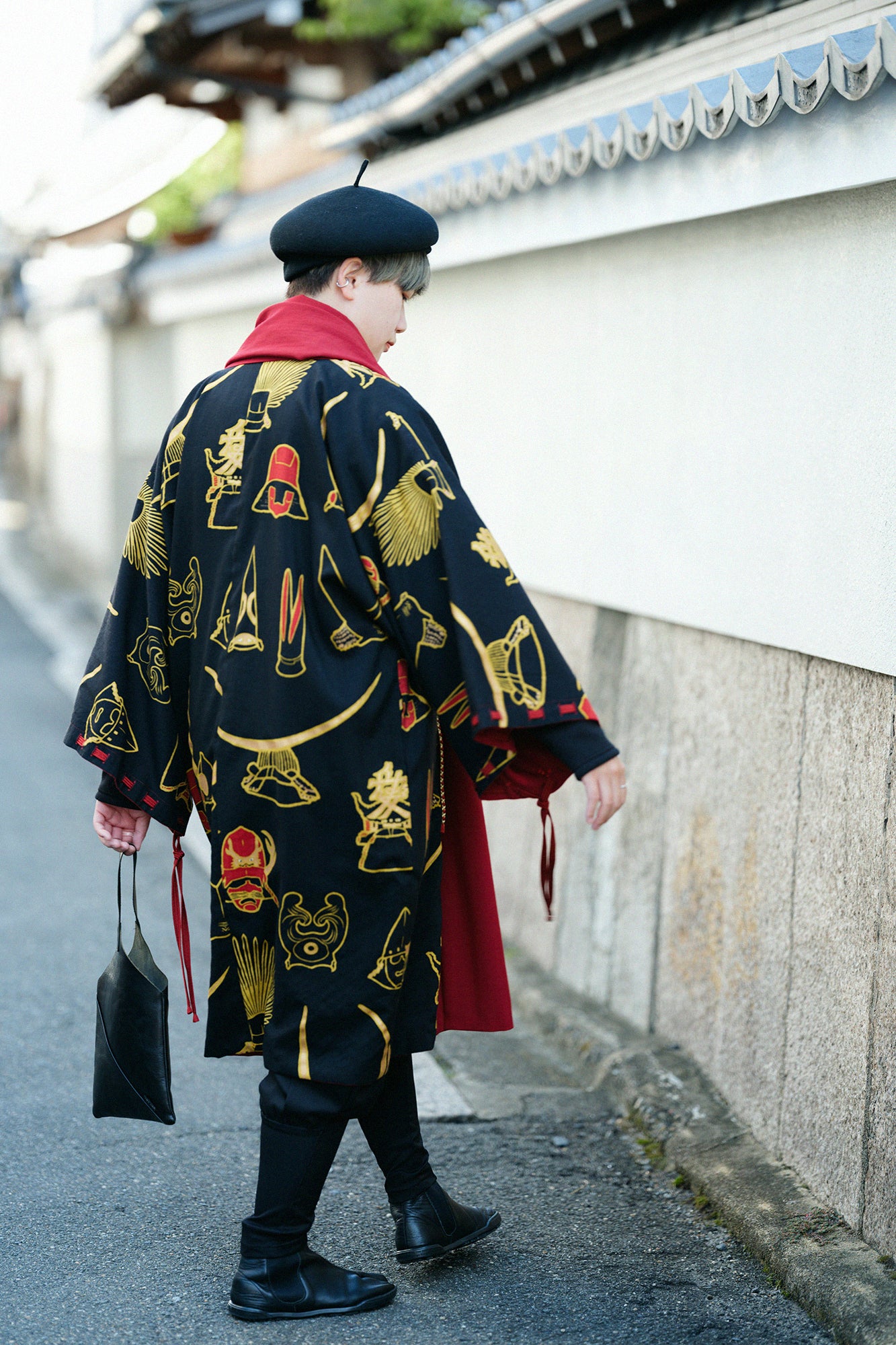 Muslin Wool Rectangular Sleeve Coat Reversible / Dark Red×Helmet
