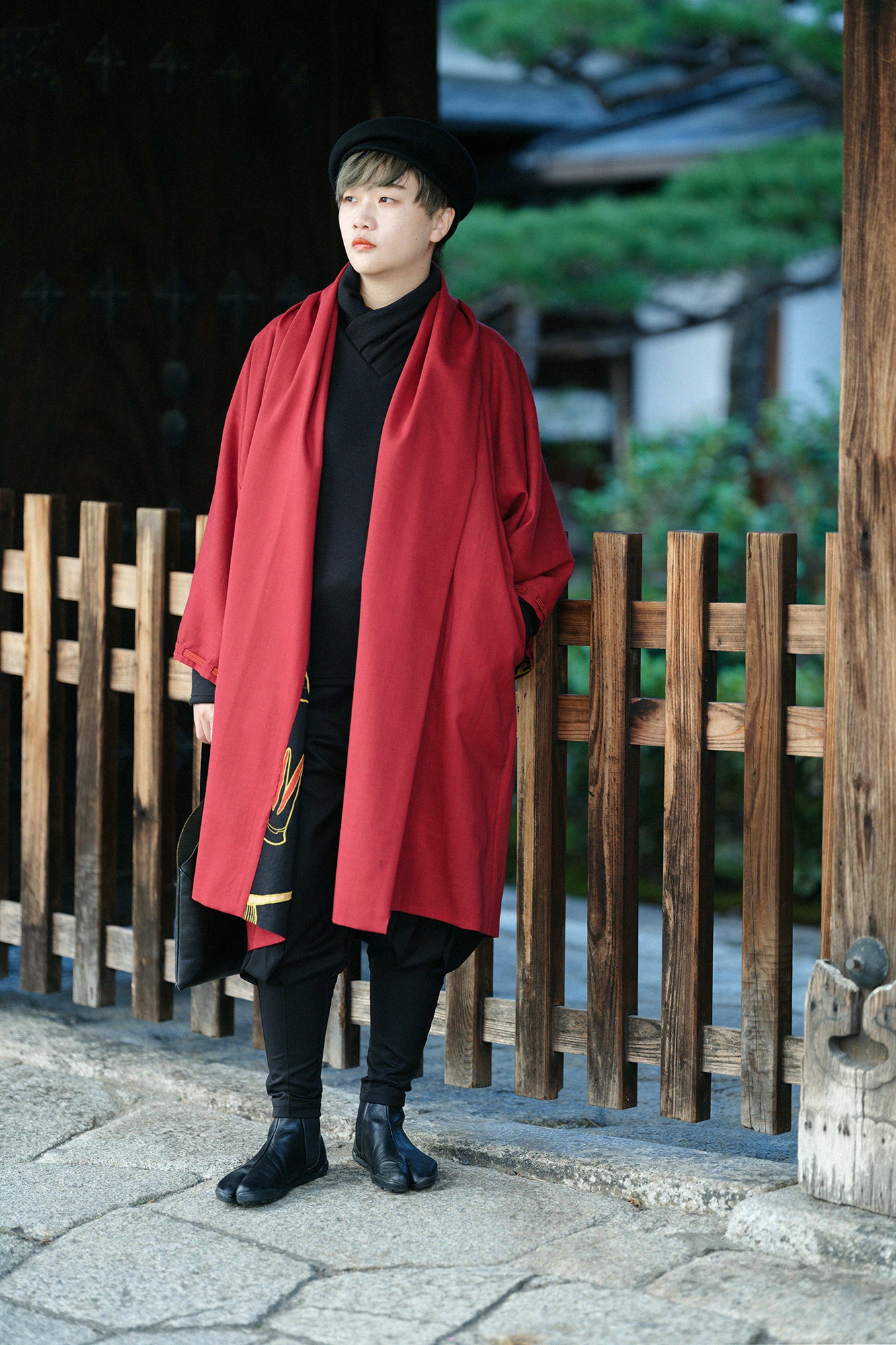 Muslin Wool Rectangular Sleeve Coat Reversible / Dark Red×Helmet