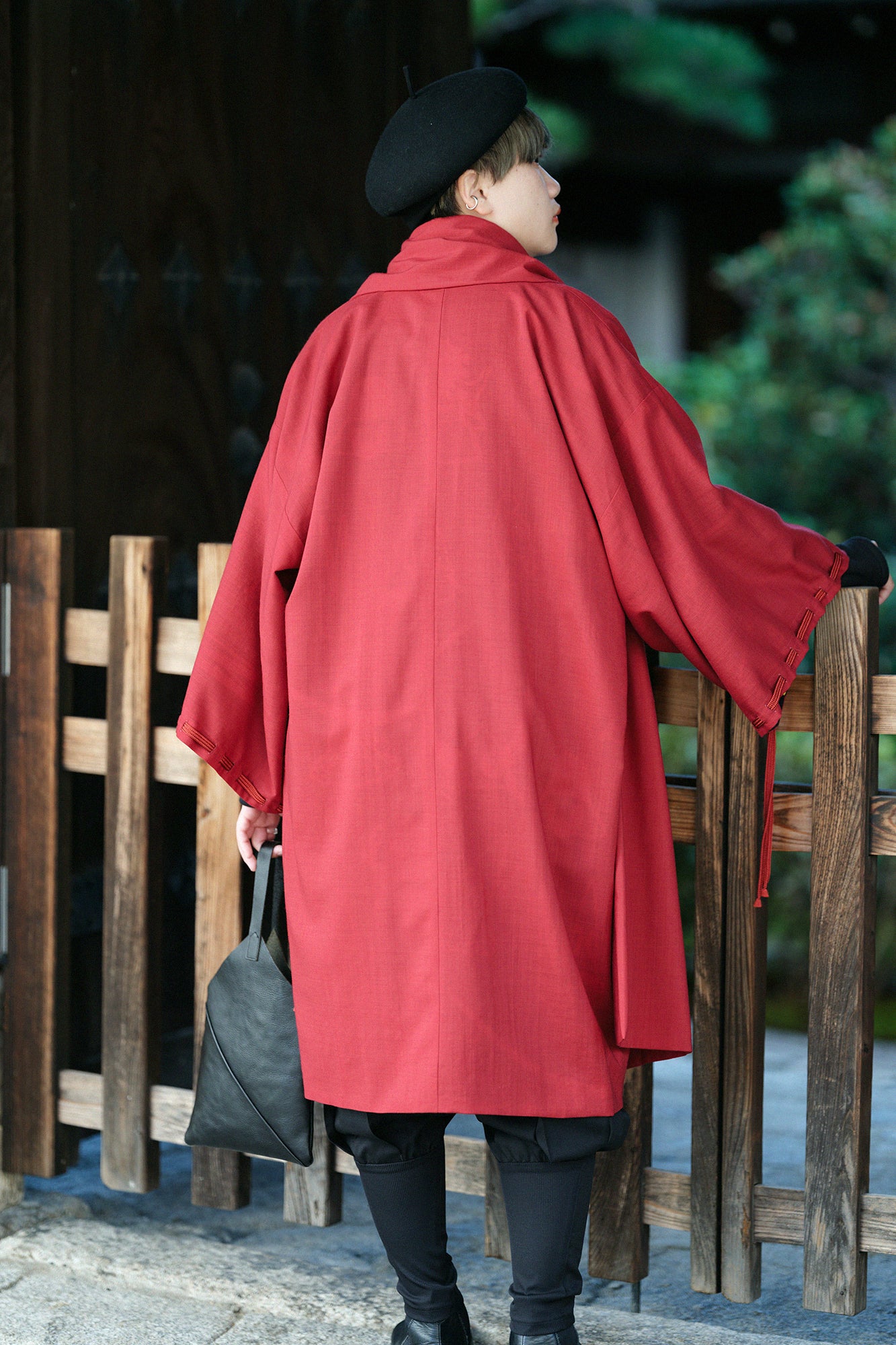Muslin Wool Rectangular Sleeve Coat Reversible / Dark Red×Helmet