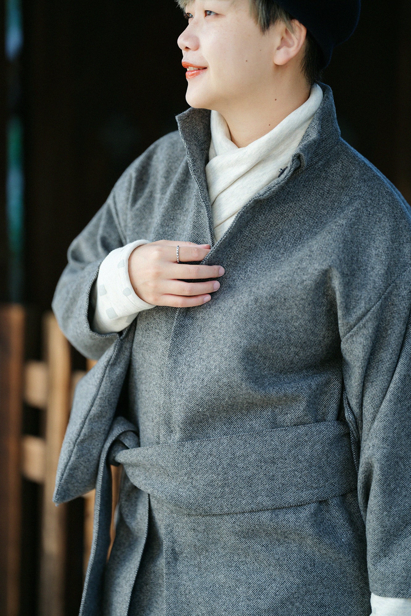 Tweed Kimono Sleeve Coat Short with Lining / Sea Otter Color