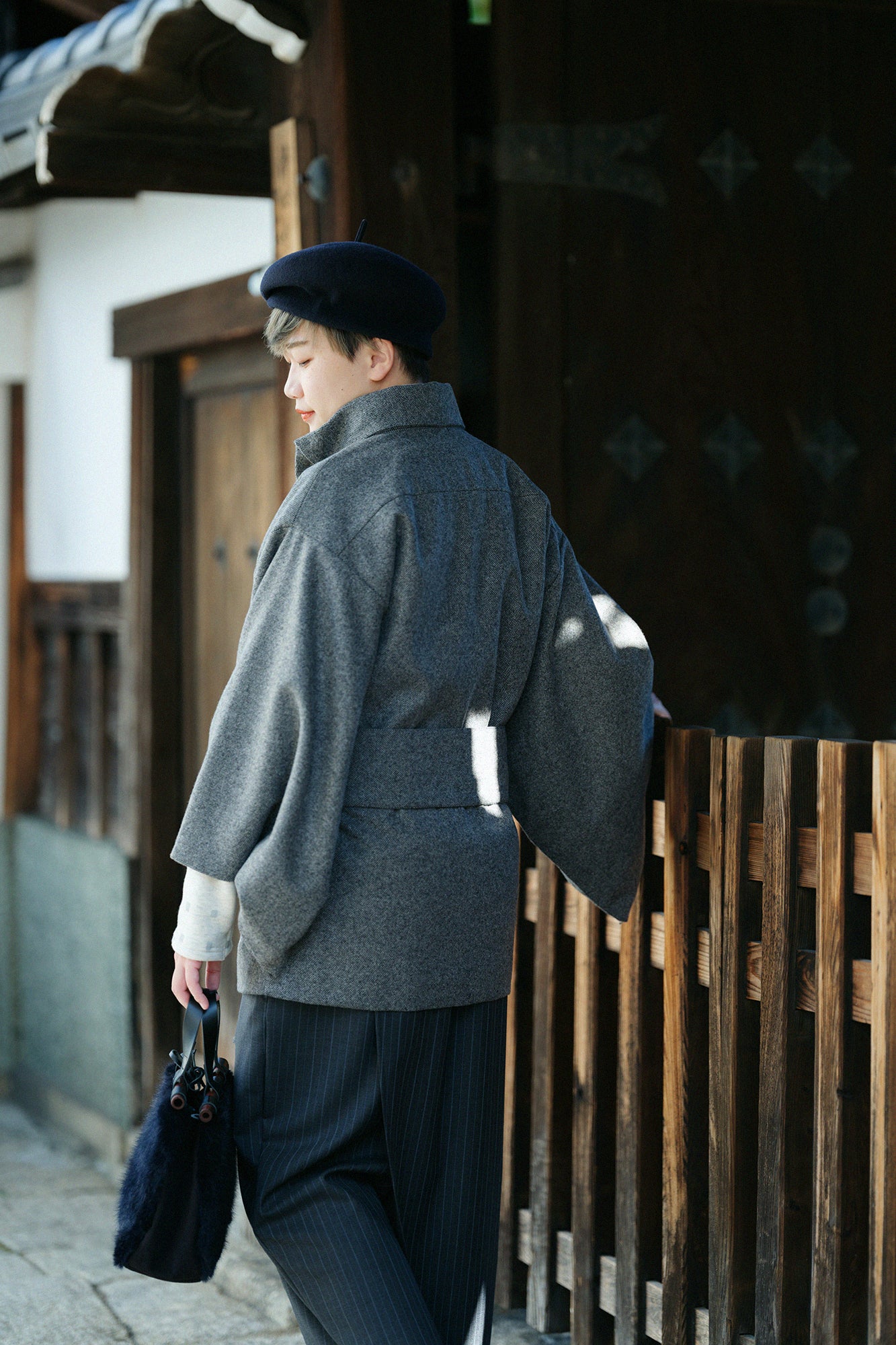 Tweed Kimono Sleeve Coat Short with Lining / Sea Otter Color