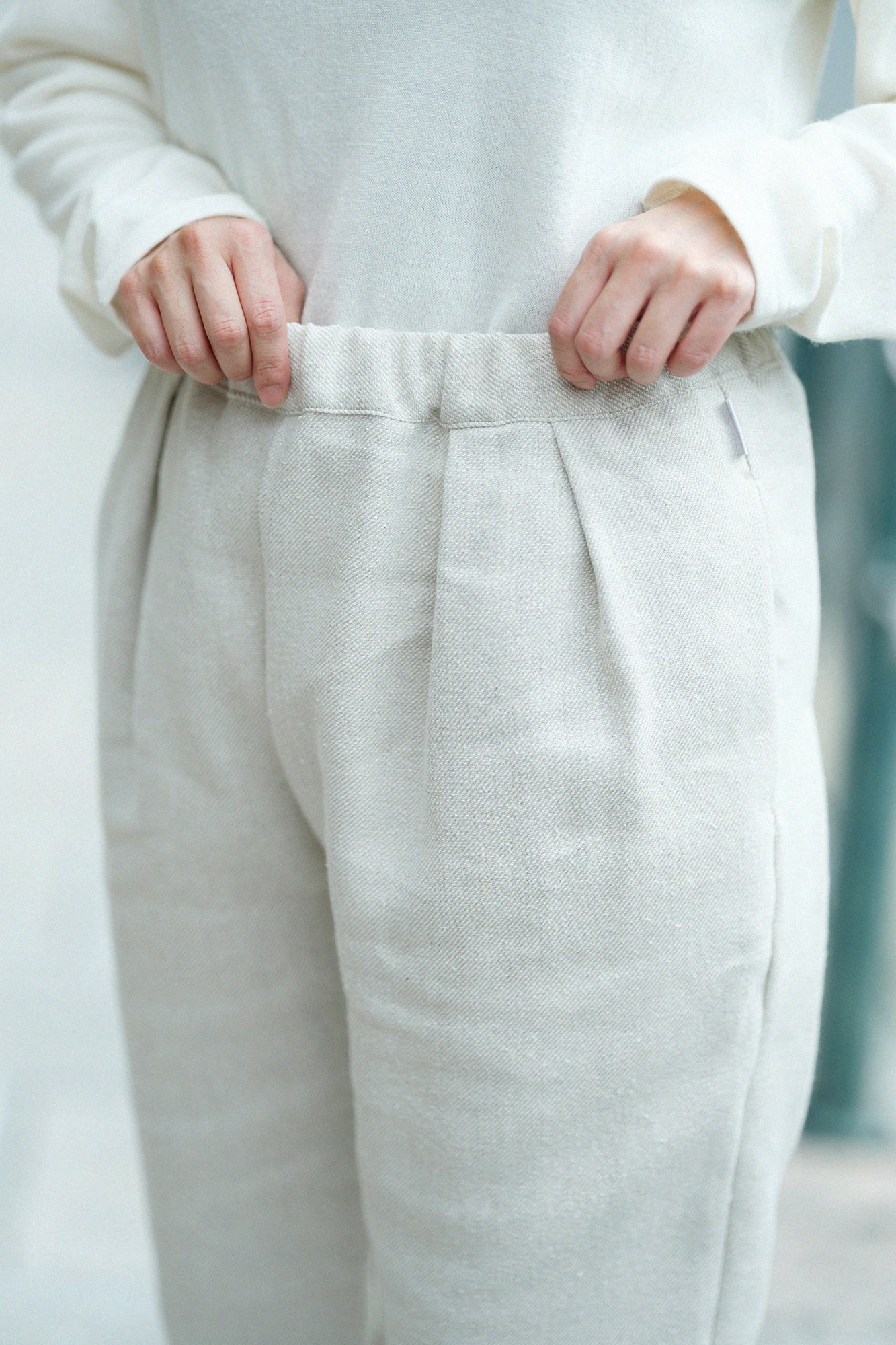 麻絹毛混 二褶 細腿褲/象牙白