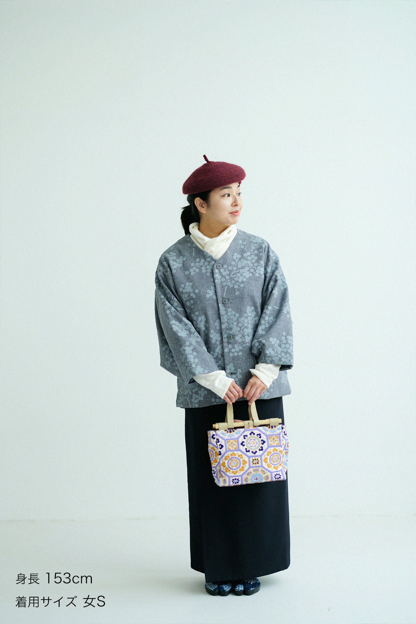 Tweed Herringbone Weave Naginata Sleeve Haori with Lining / Nandina Greyish Bellflower Blue