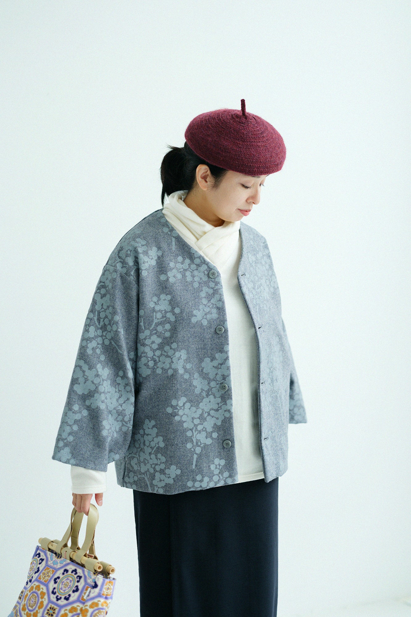Tweed Herringbone Weave Naginata Sleeve Haori with Lining / Nandina Greyish Bellflower Blue