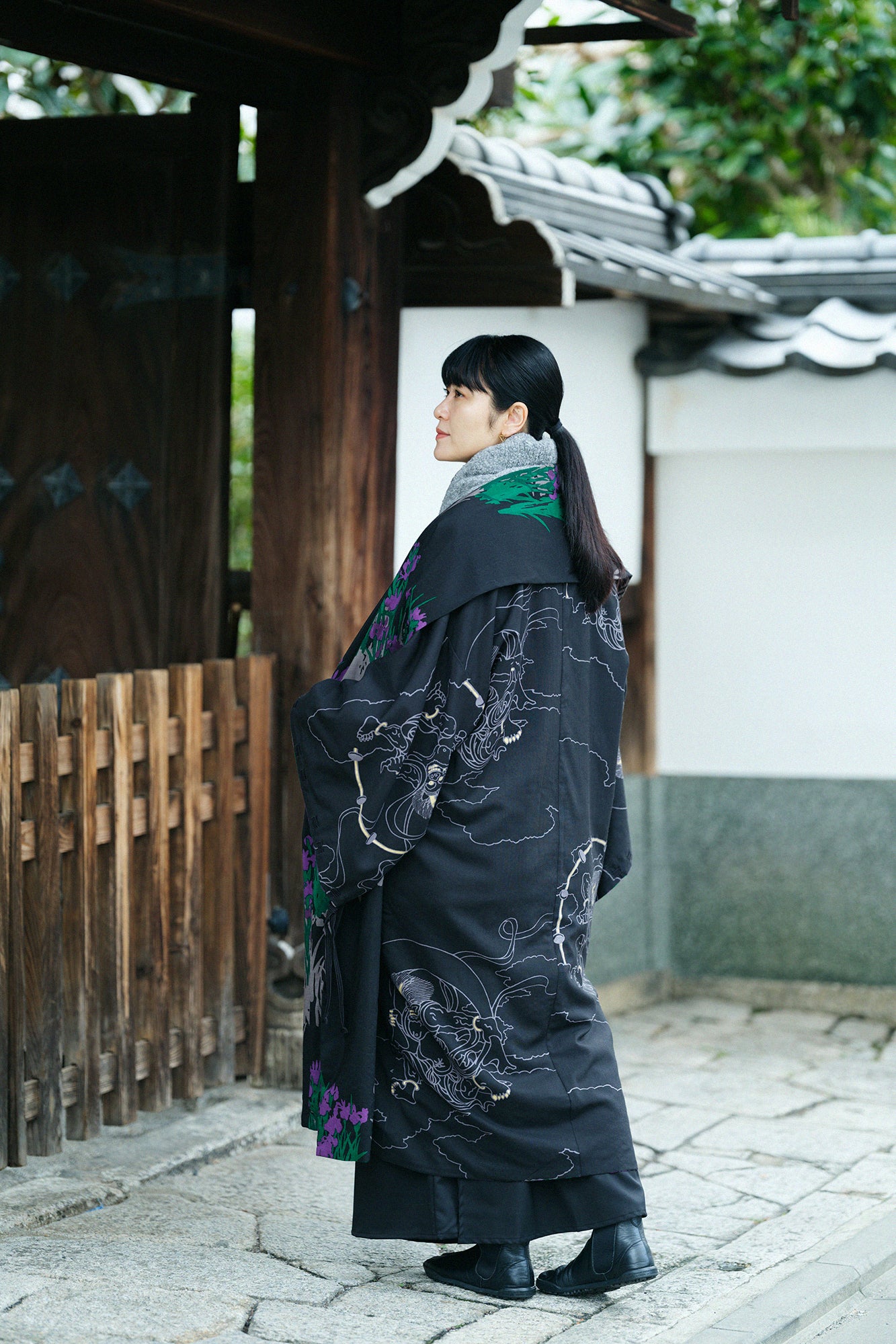 毛斯綸 宮中袖 雙面用/風神雷神×尾形光琳 燕子花圖屏風 再現