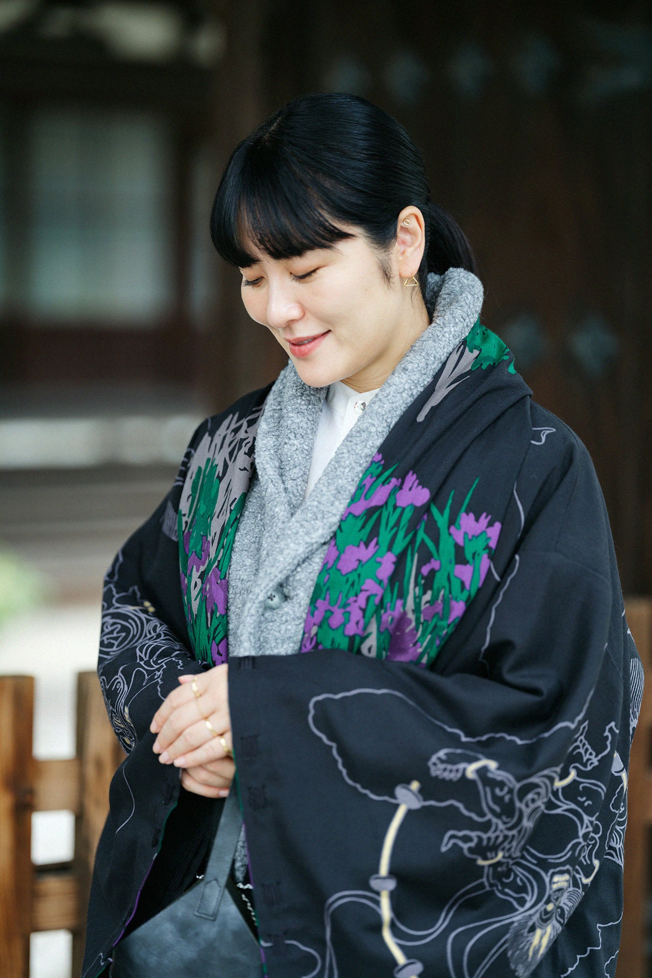 毛斯綸 宮中袖 雙面用/風神雷神×尾形光琳 燕子花圖屏風 再現