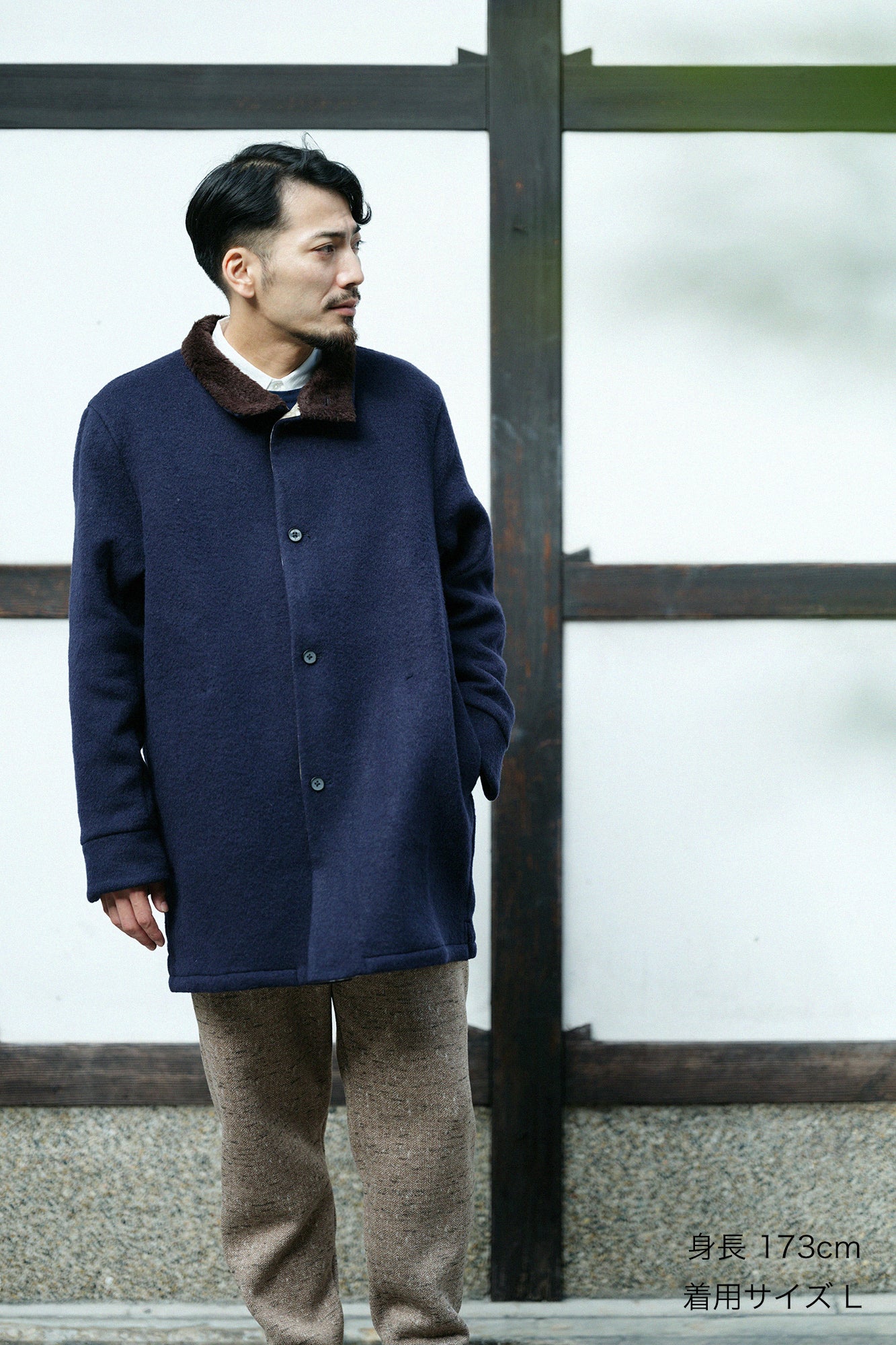 【預購】A.S 雙面羊毛 立領短外套/深藍色×網代紋和SO-SU-U十數 昆(※預計於12月9日左右發貨)