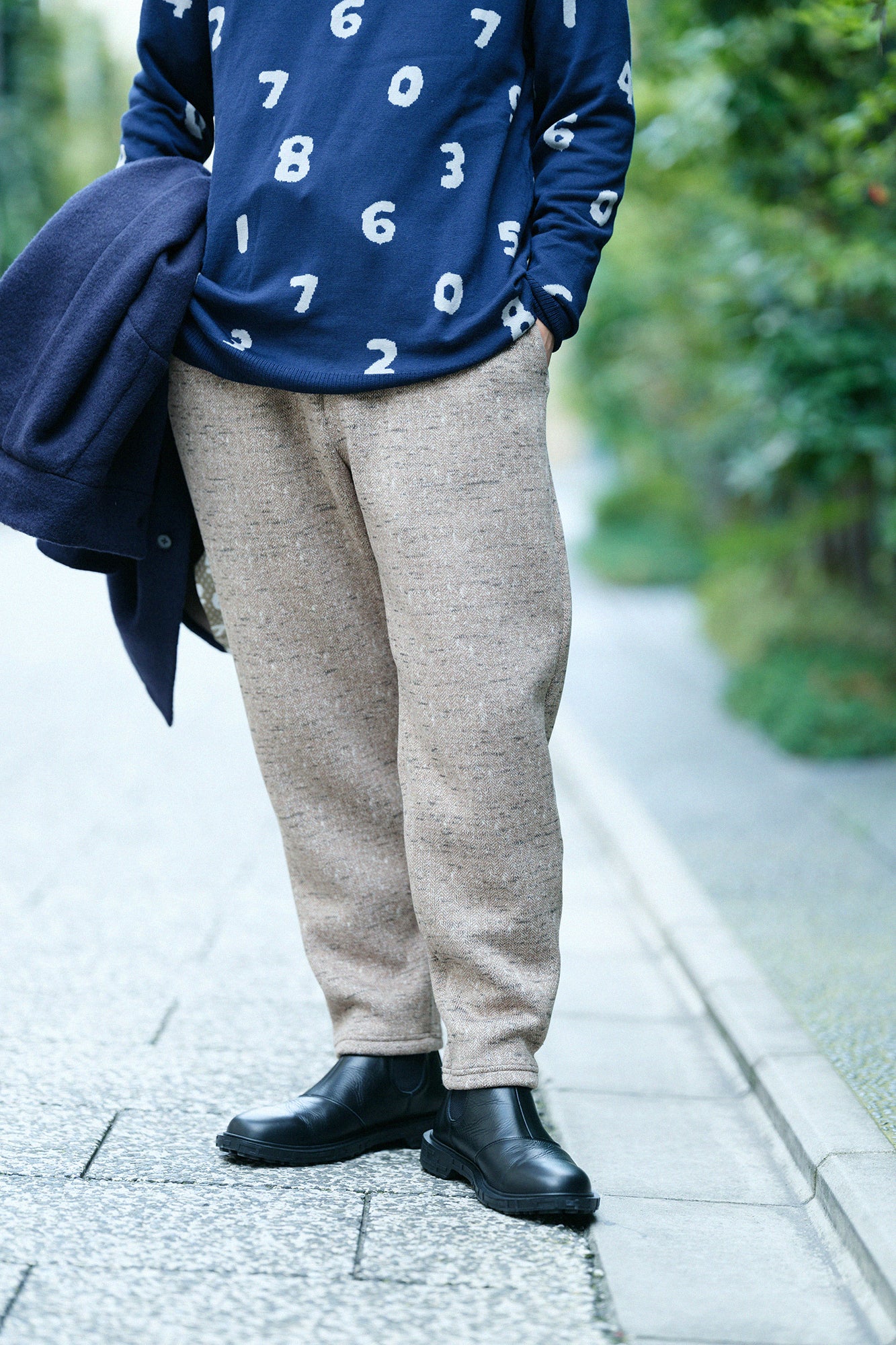 【Pre-order】Fleece Brushed Lining Herringbone Knit Easy Tapered Pants/Heather Beige(※Scheduled to be shipped around Dec 9)