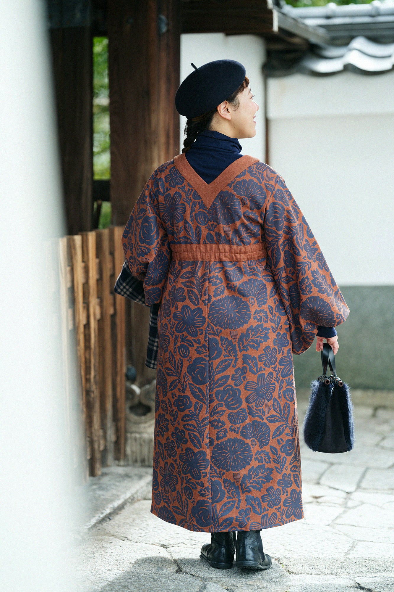 Wool Flannel Kimono Dress / Woodcut Yellowish Brown