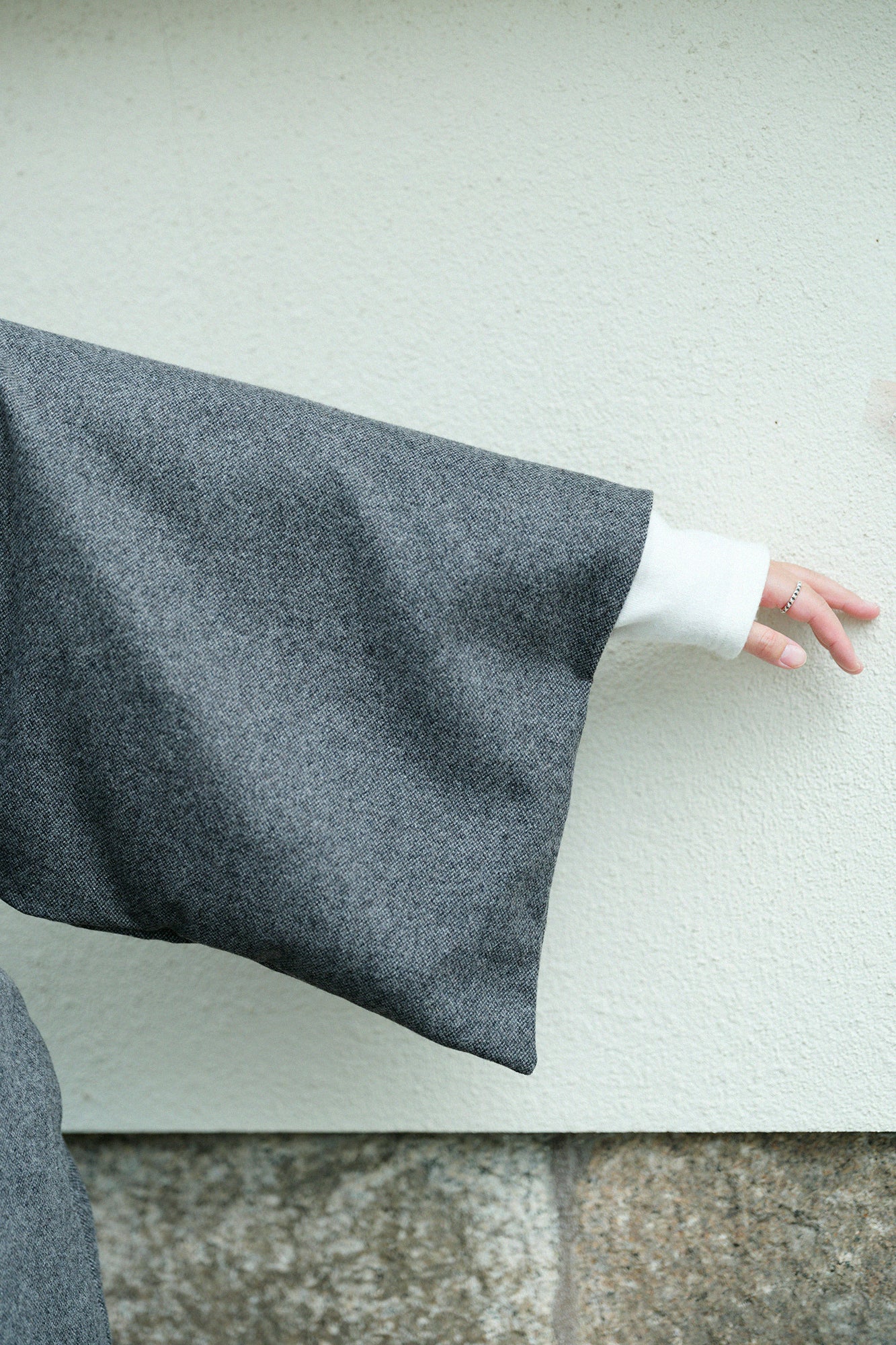 Tweed Kimono Sleeve Coat Short with Lining / Charcoal Grey