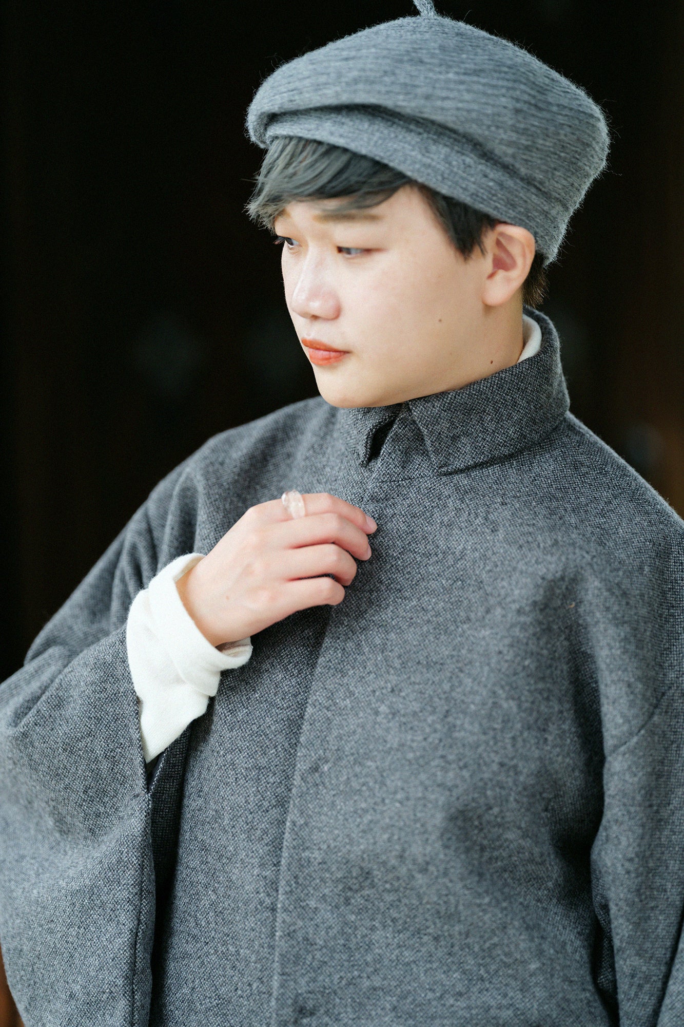 Tweed Kimono Sleeve Coat Short with Lining / Charcoal Grey