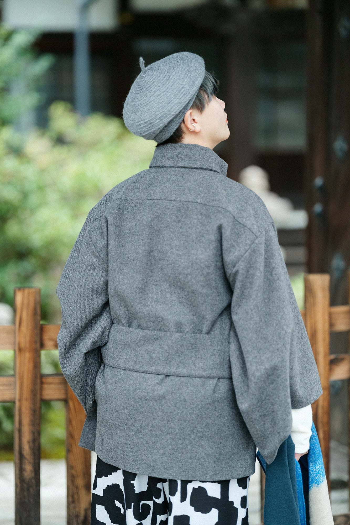 Tweed Kimono Sleeve Coat Short with Lining / Charcoal Grey