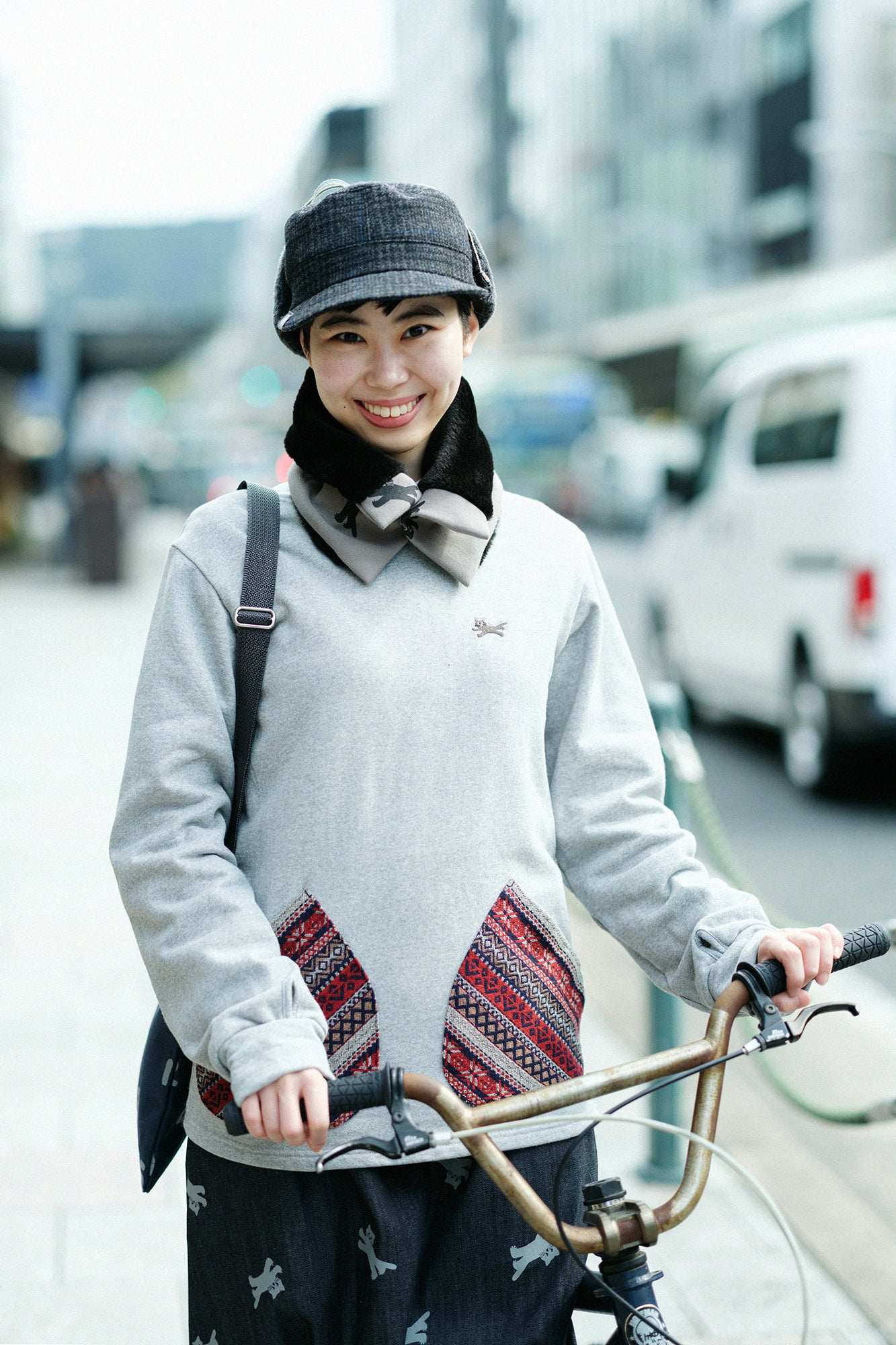 雙面用 BIKE短圍巾/貓 賽跑 灰色