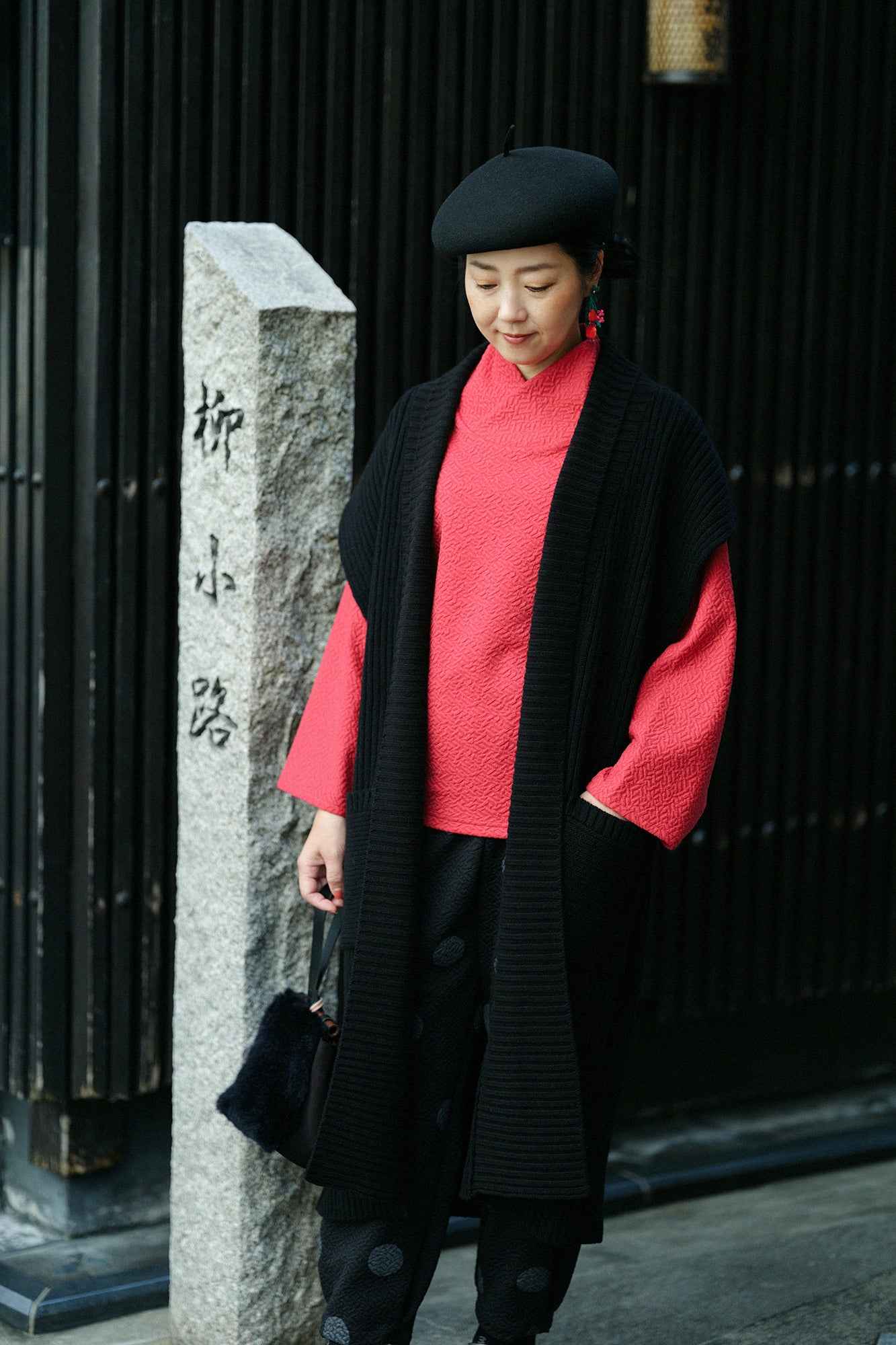 SOU・SOU×ALPHA 羊絨混紡 背心 畝 長版/黑色