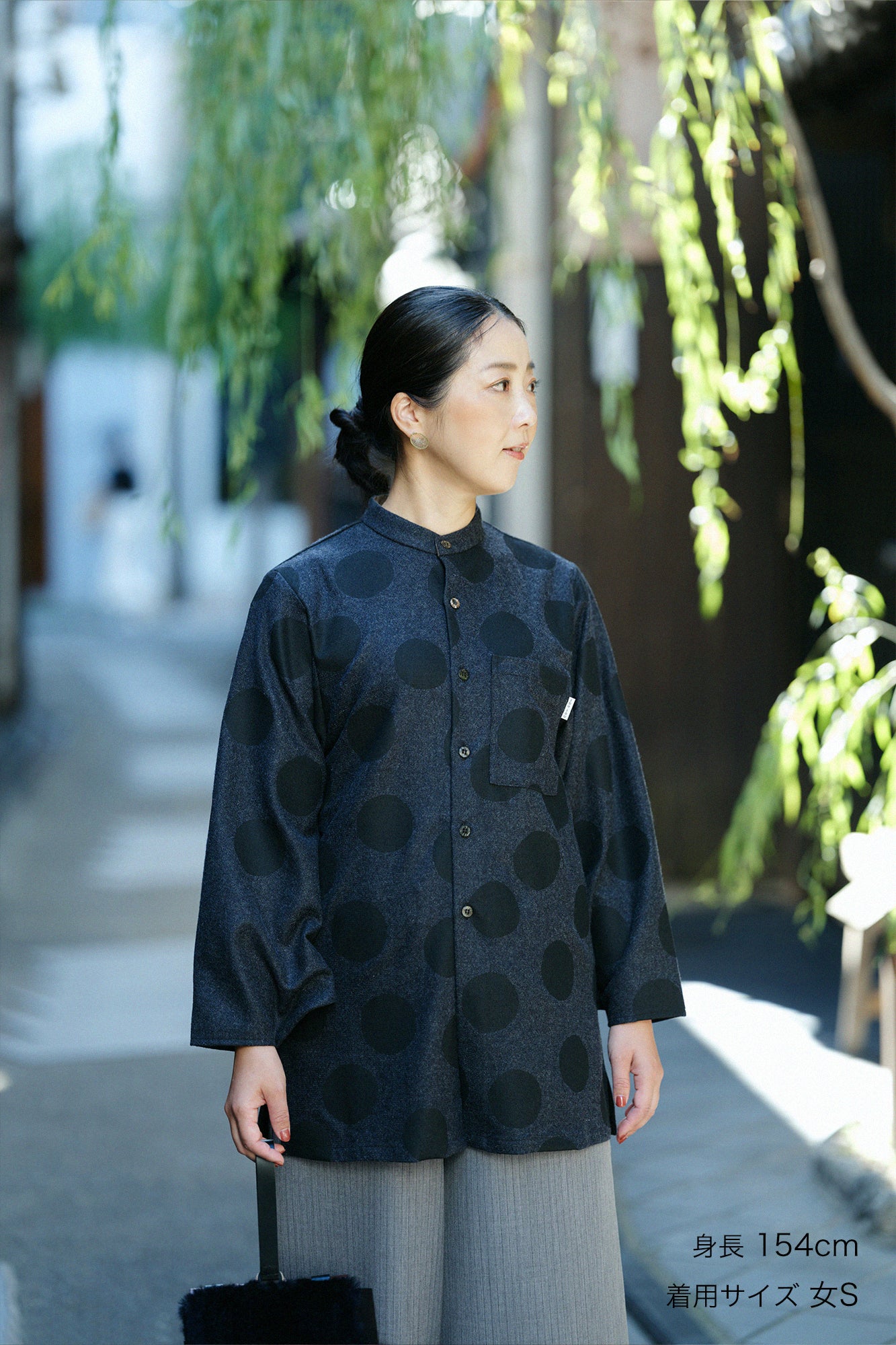 Tweed Naginata Sleeve Long Shirt / Polka Dots and Blank Bluish Grey