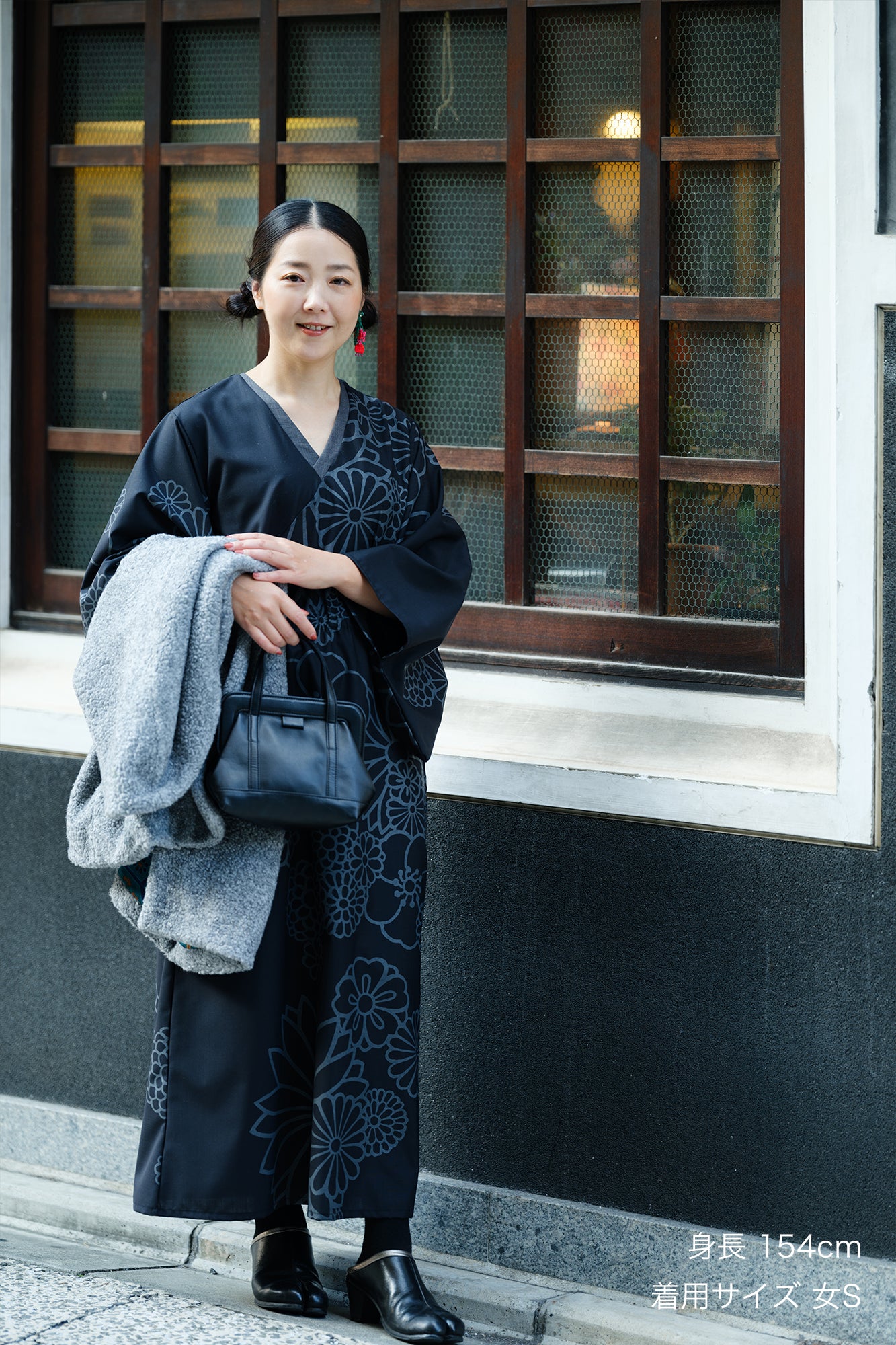 梳毛 半衿和服形洋裝/金襴緞子黑色