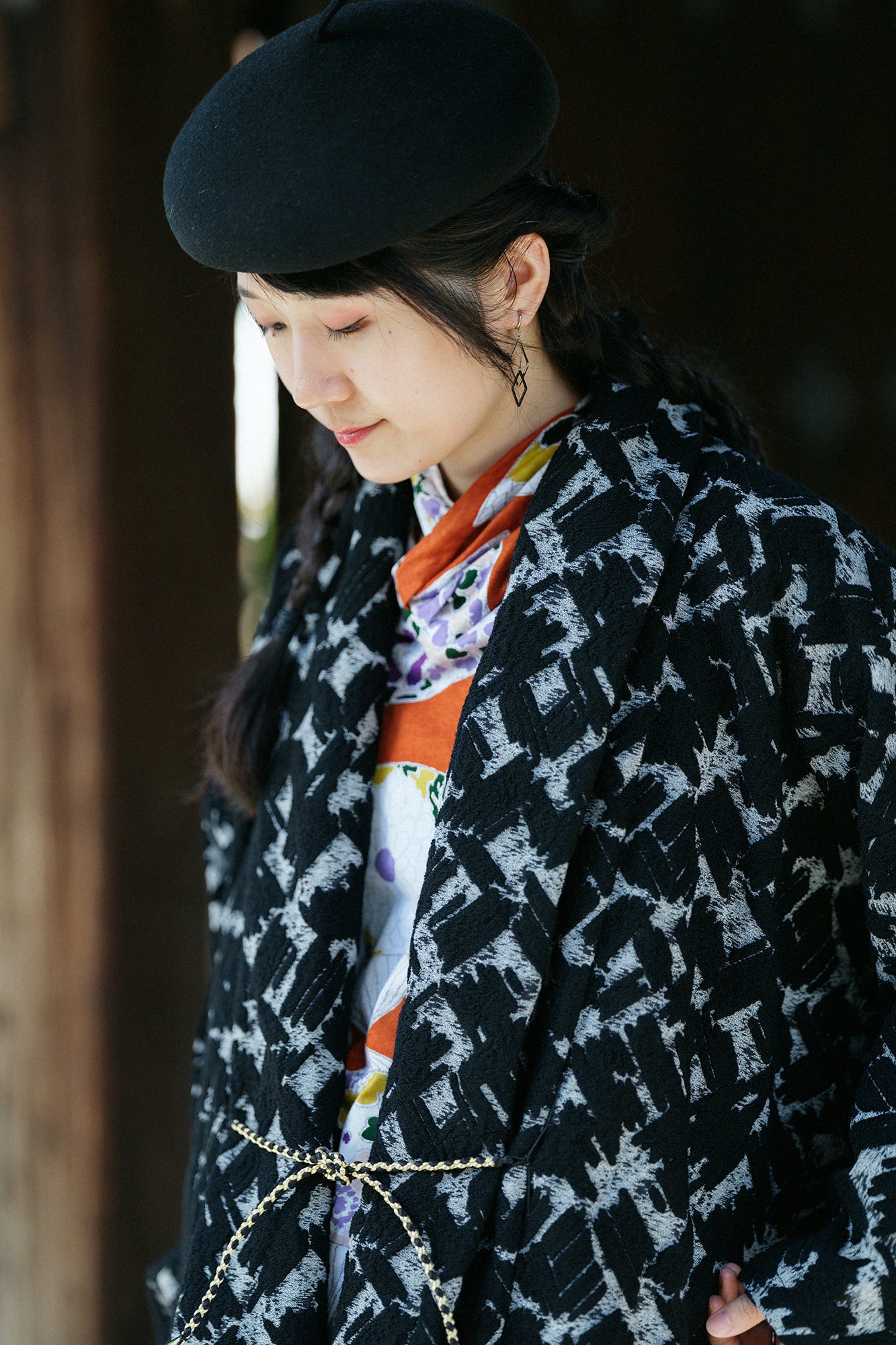 ウールジャカール もじり袖 短衣(たんい) 単(ひとえ)/濡羽色(ぬればいろ)