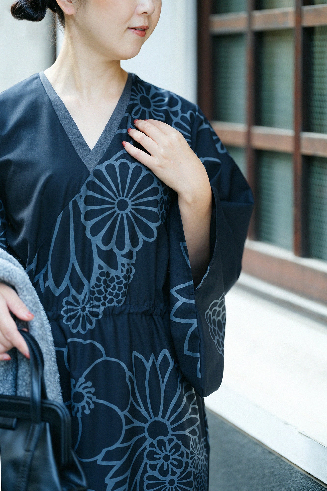 梳毛 半衿和服形洋裝/金襴緞子黑色