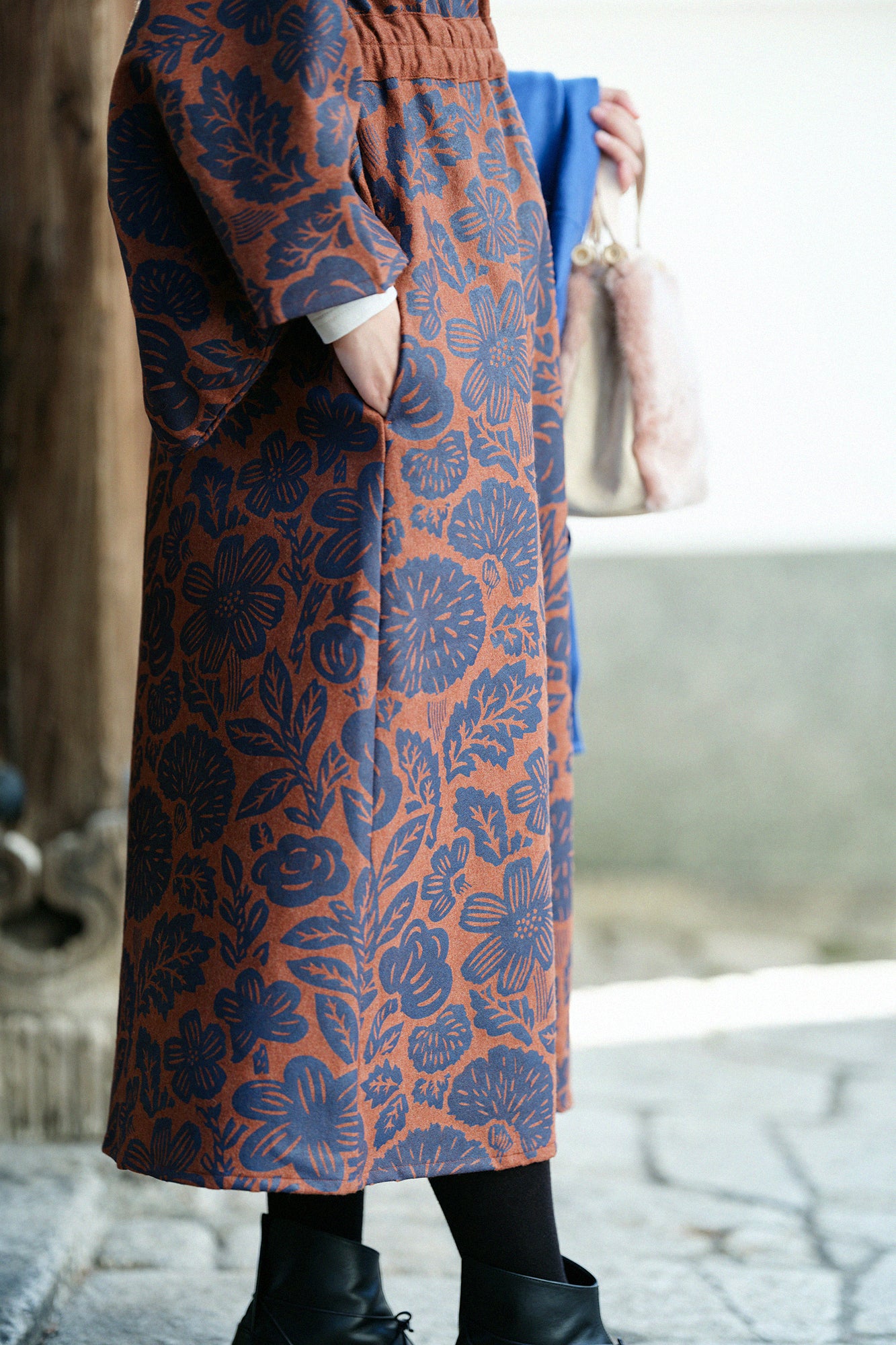 Wool Flannel Kimono Dress / Woodcut Yellowish Brown