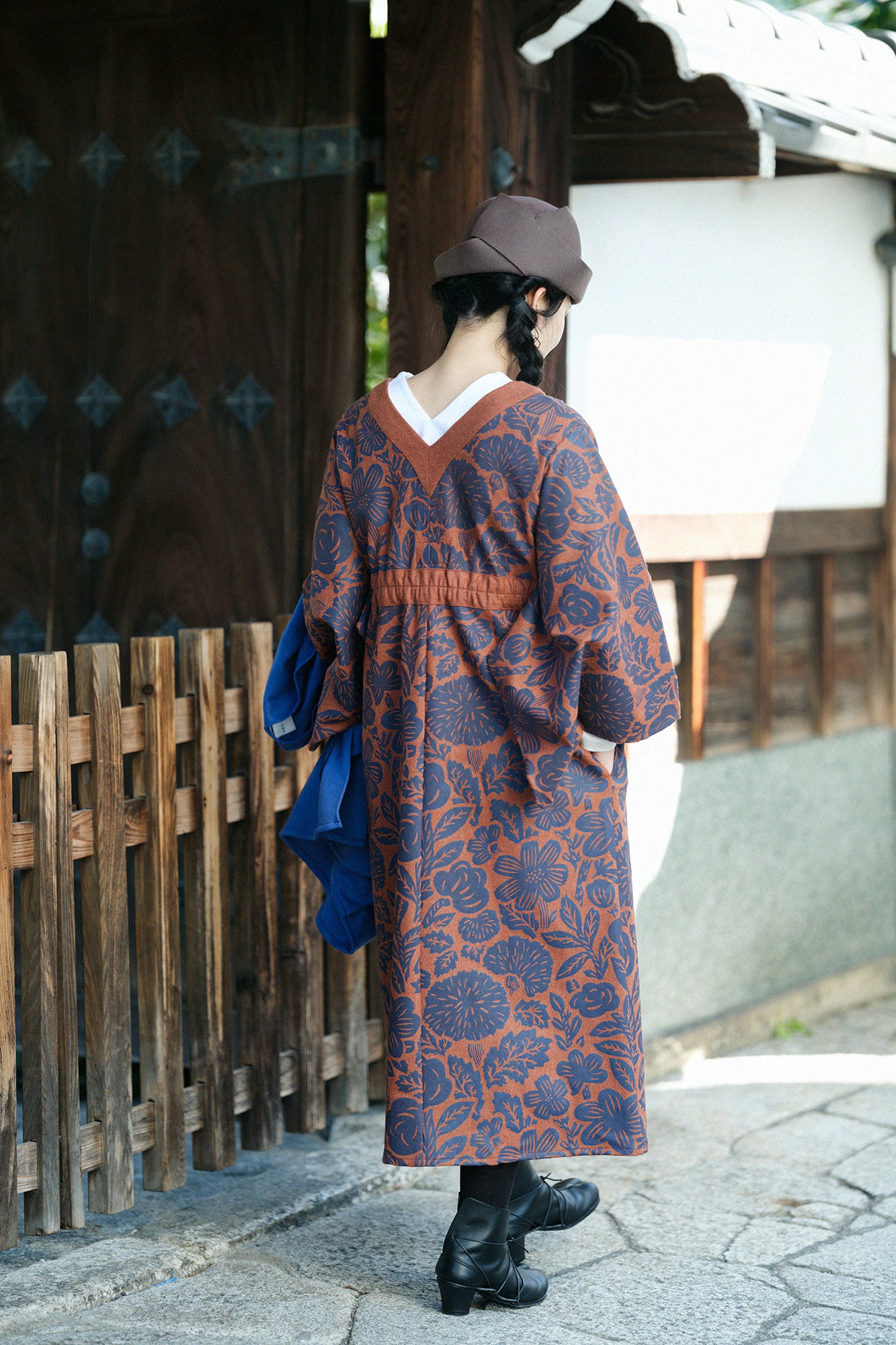 Wool Flannel Kimono Dress / Woodcut Yellowish Brown