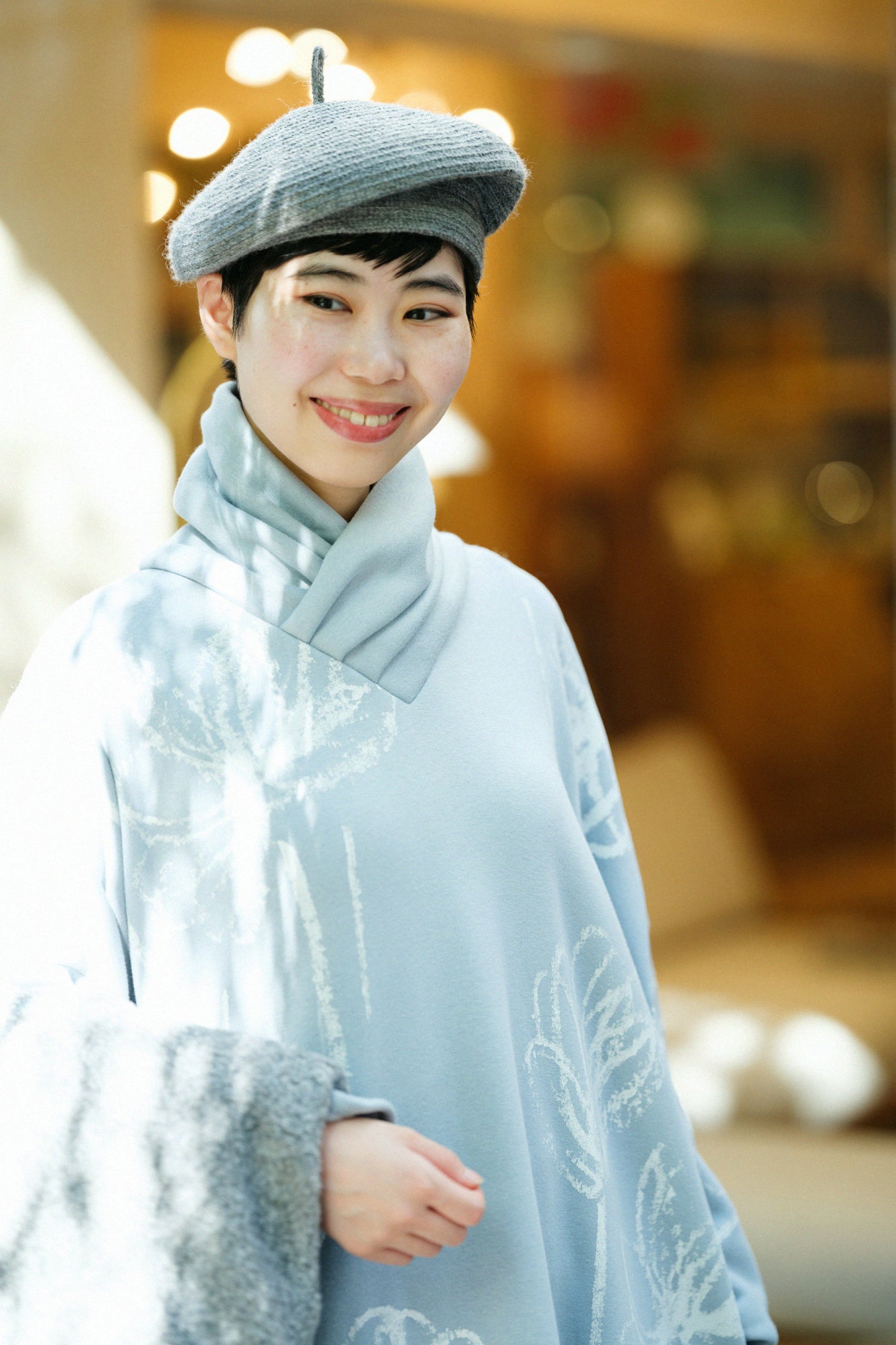 裏仿毛 針織 高領圓弧袖長方形洋裝/柔和 淡灰色