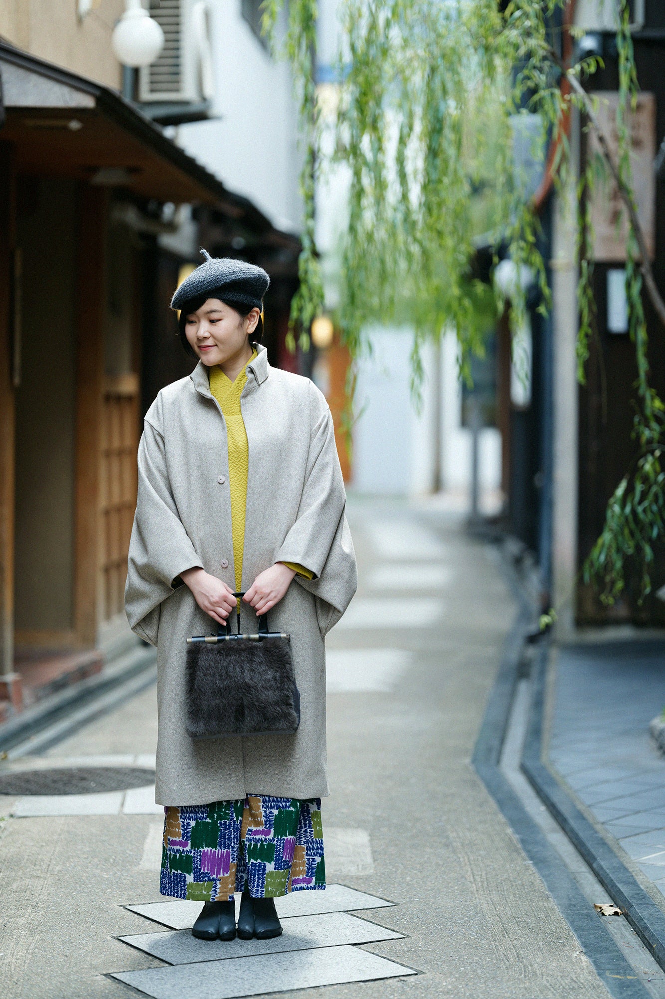 雙層緹花 和服領上衣 白息/金黃色