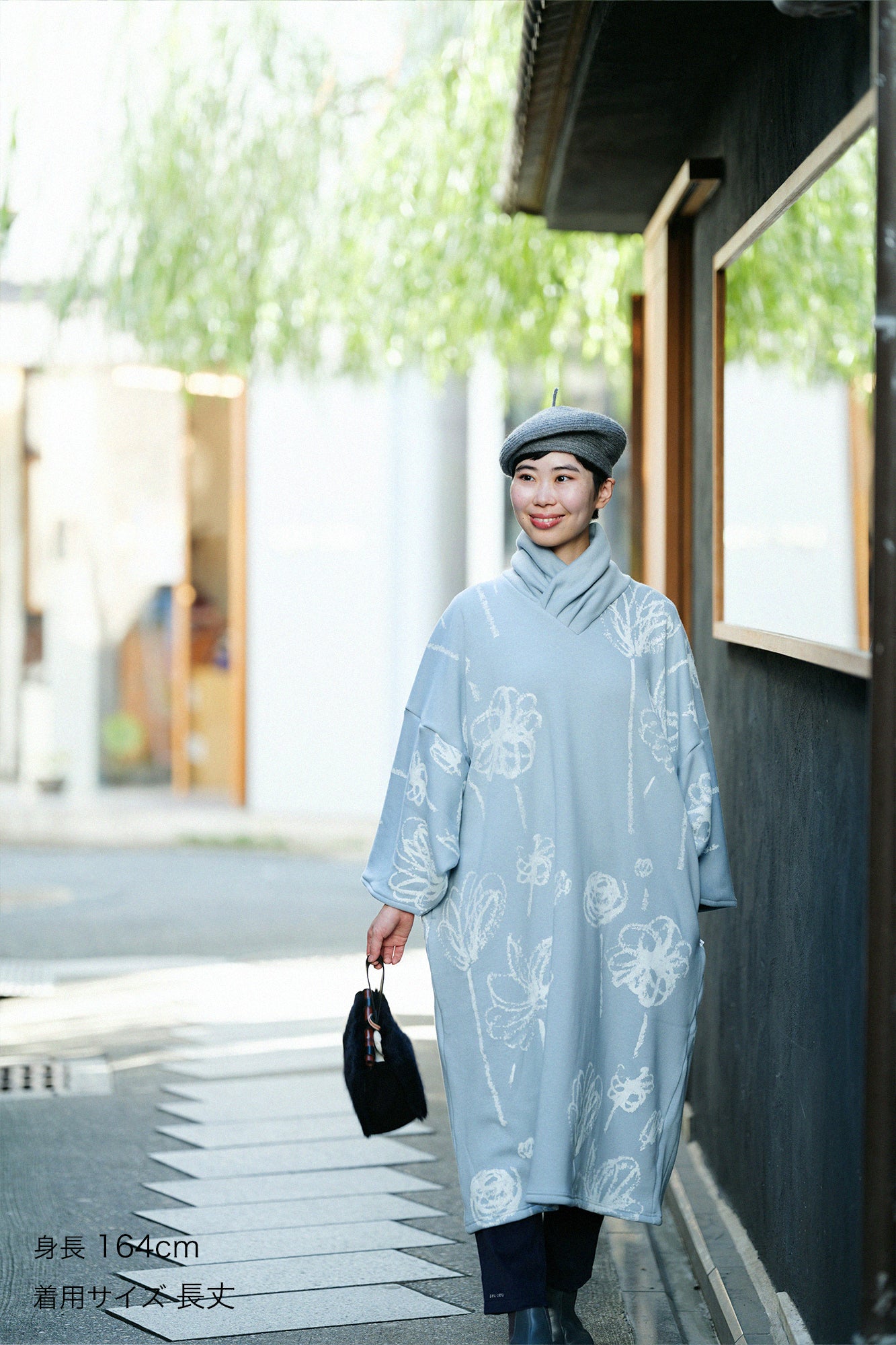 裏仿毛 針織 高領圓弧袖長方形洋裝/柔和 淡灰色