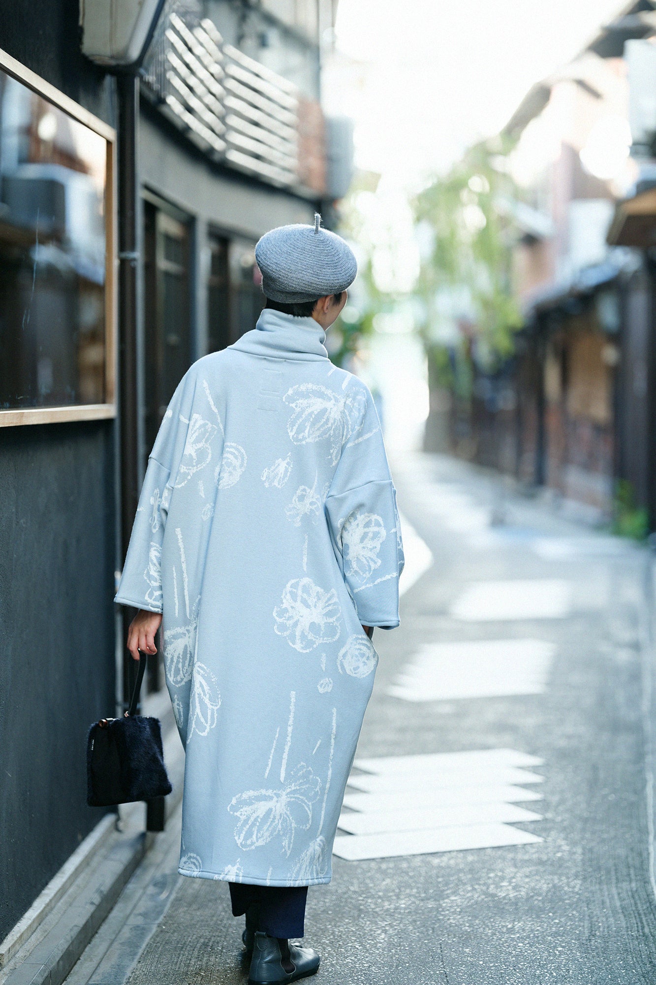 裏仿毛 針織 高領圓弧袖長方形洋裝/柔和 淡灰色