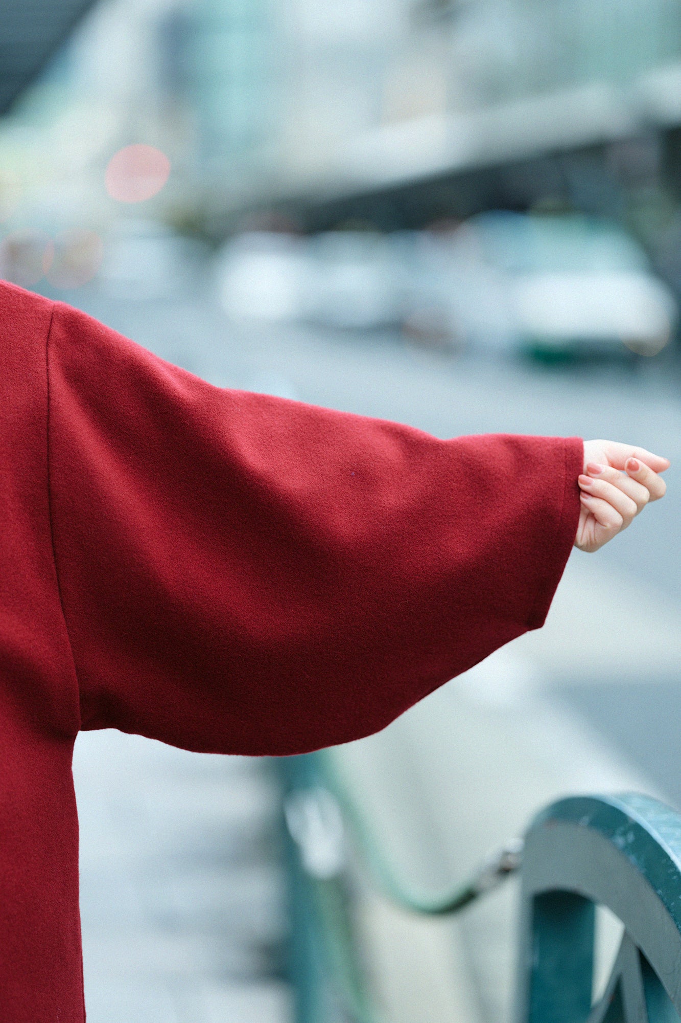Wool Melton Naginata Sleeve Haori Long with Lining / Dark Red×Rose