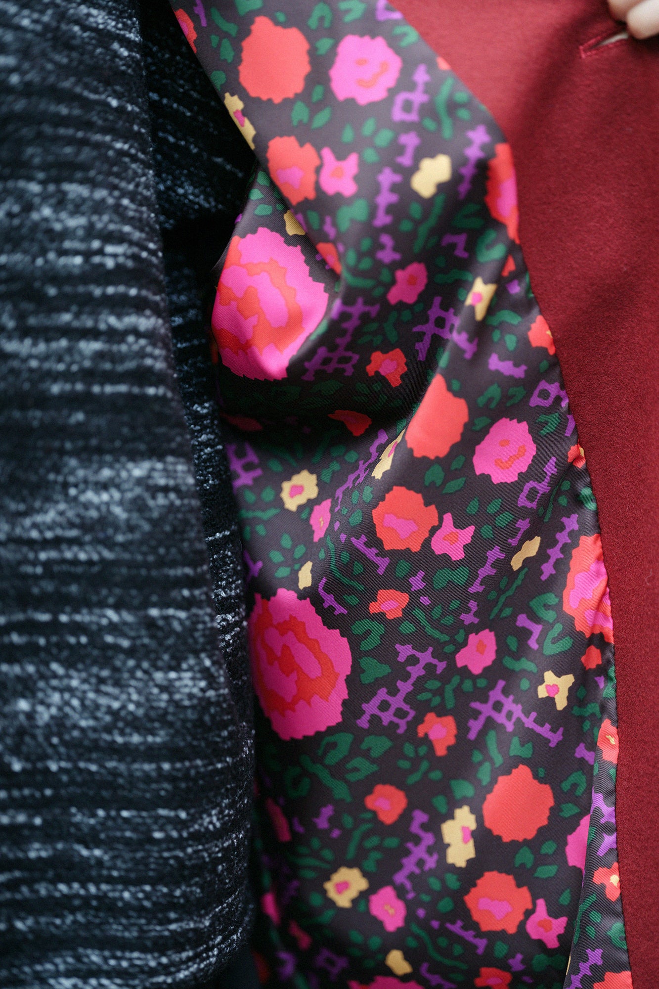 Wool Melton Naginata Sleeve Haori Long with Lining / Dark Red×Rose