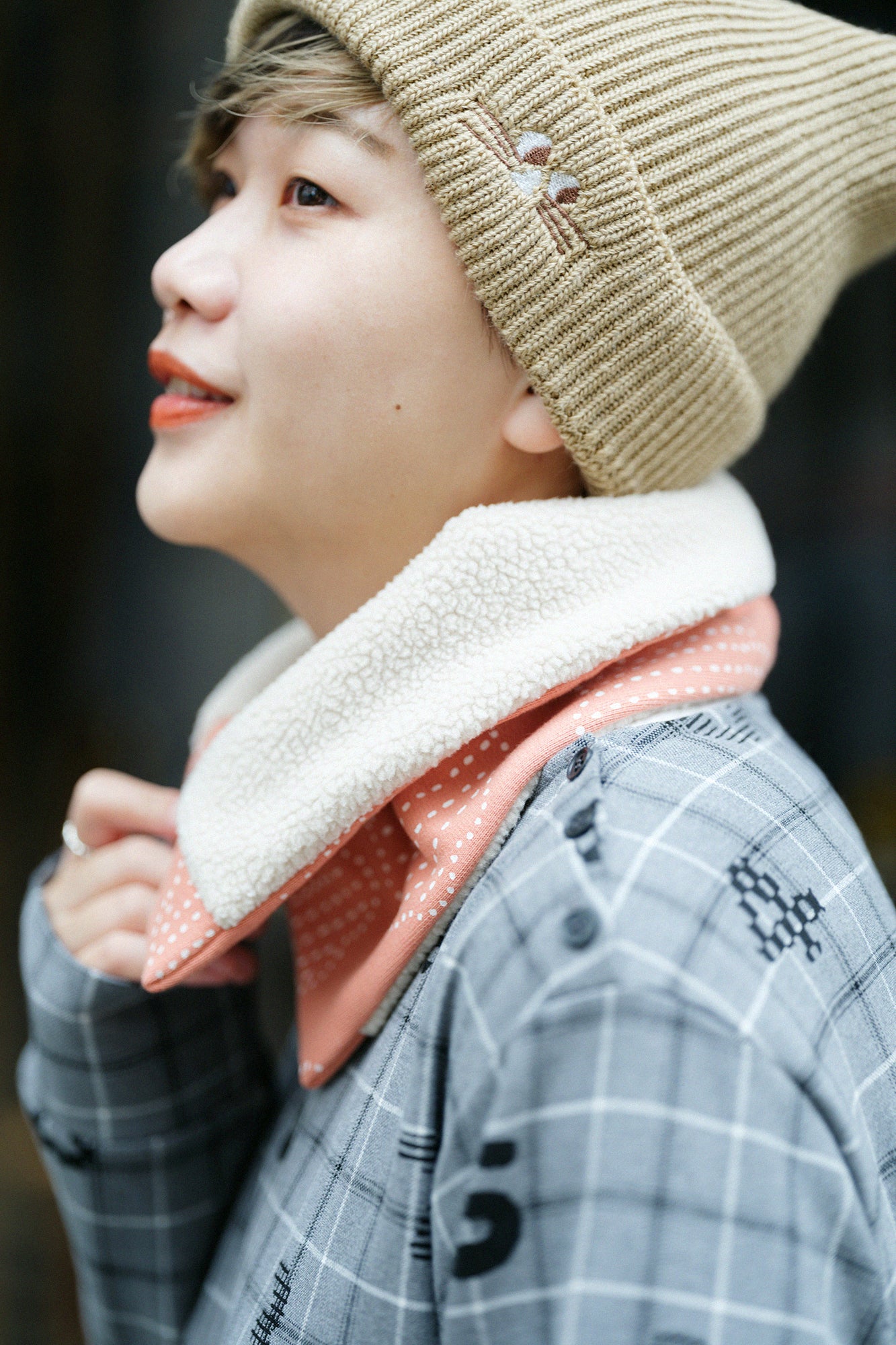 雙面用 BIKE短圍巾/青花 鮭魚粉