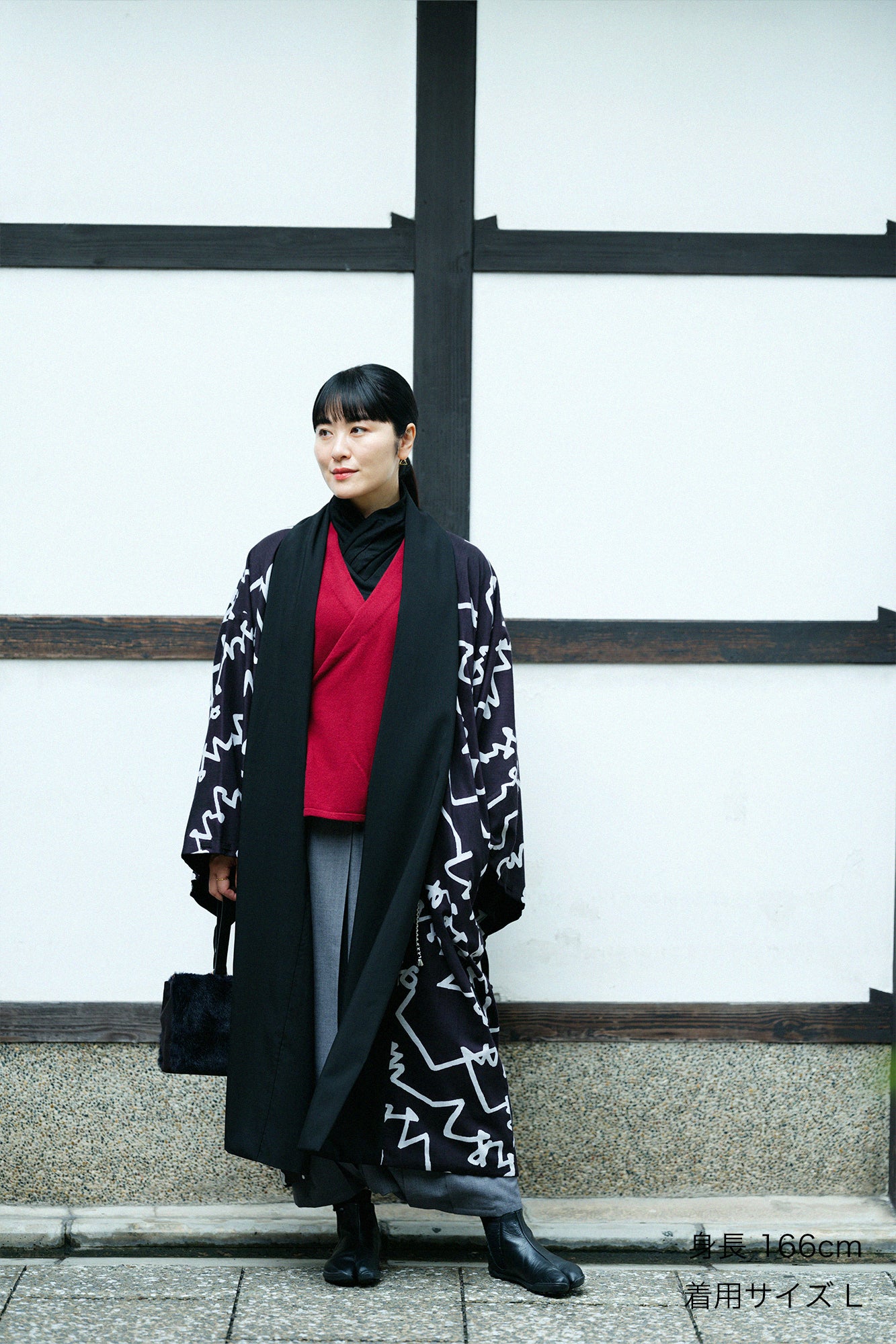 梳毛×毛斯綸 宮中袖 雙面用/黑色×文