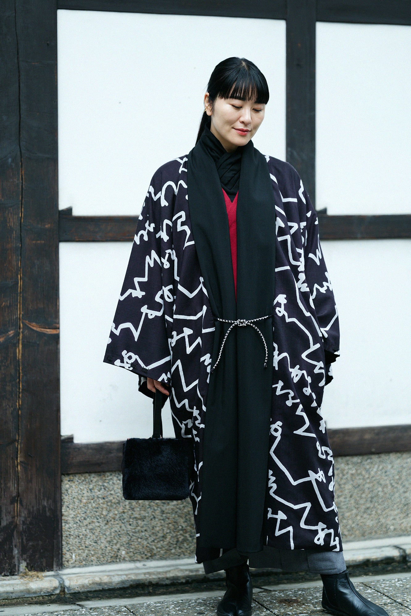 梳毛×毛斯綸 宮中袖 雙面用/黑色×文