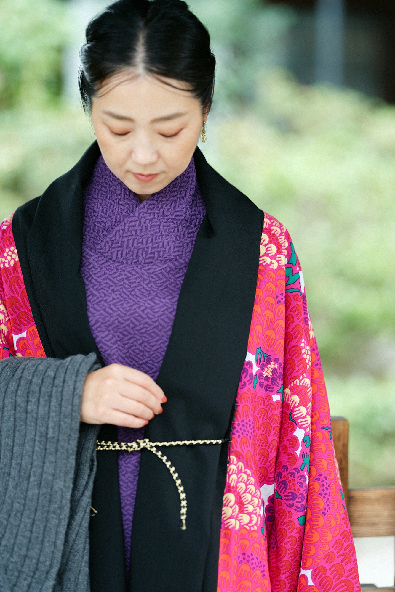 Combed Yarn×Muslin Wool Rectangular Sleeve Coat Reversible / Black×Kenran