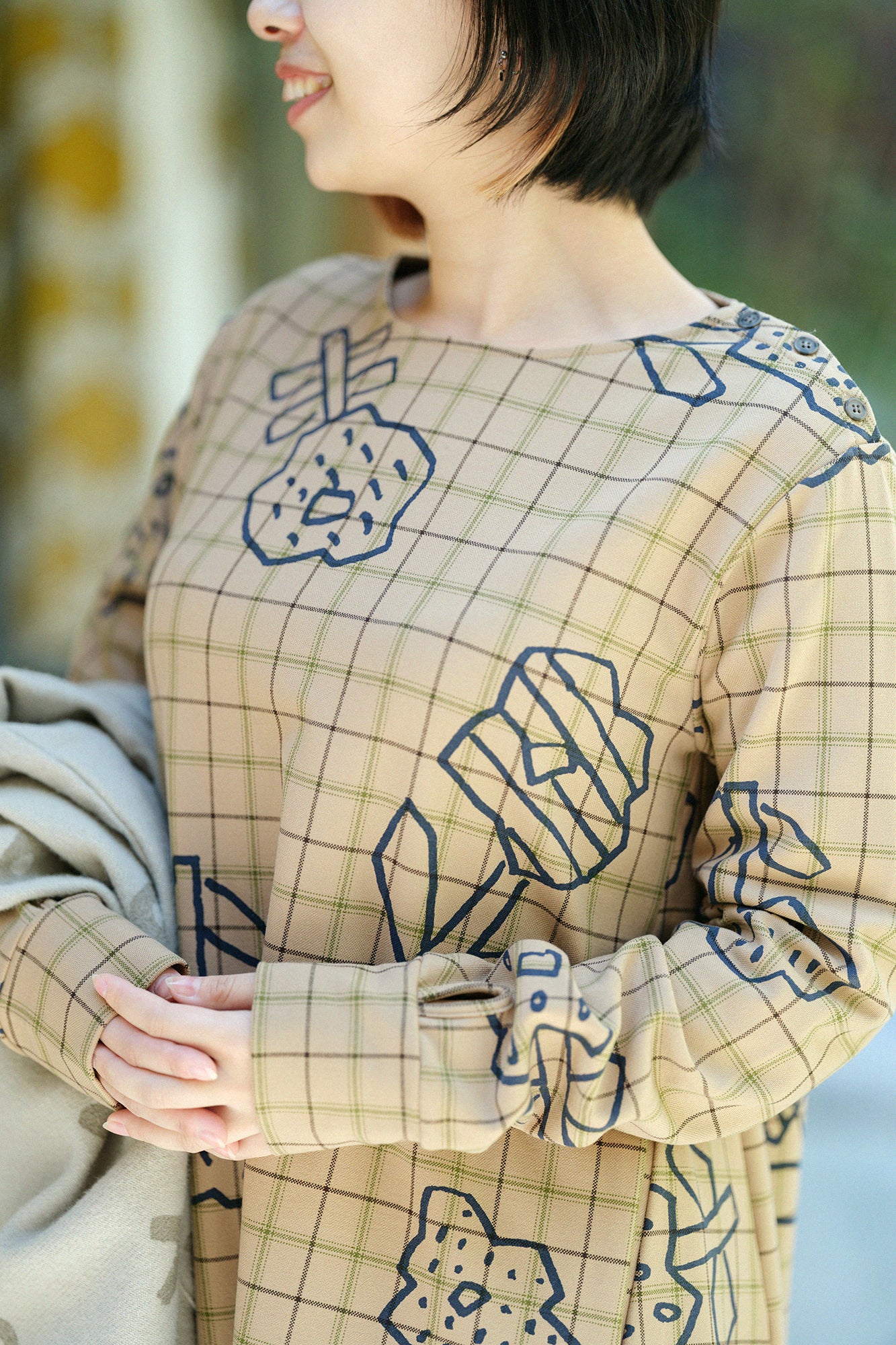 Soft Thermo(R) Fleece Lining Check BIKE One-piece Dress /Flower Seedling Scattered