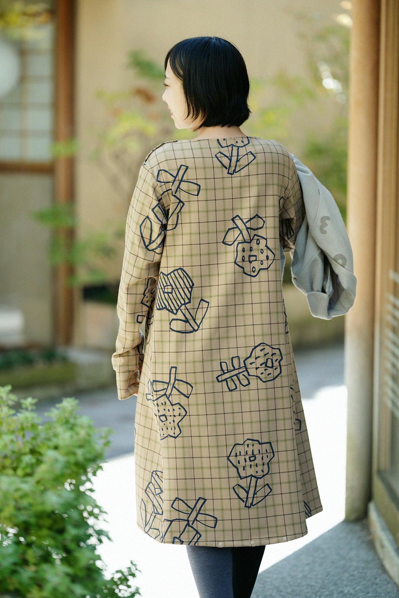 Soft Thermo(R) Fleece Lining Check BIKE One-piece Dress /Flower Seedling Scattered